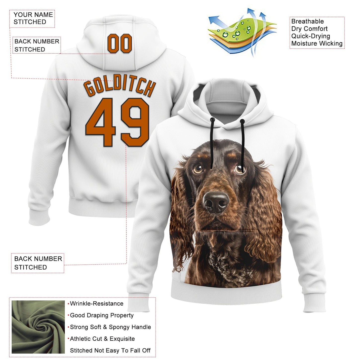 Custom Stitched White Texas Orange-Black 3D Pattern Design American Spaniel Dog Sports Pullover Sweatshirt Hoodie view 2