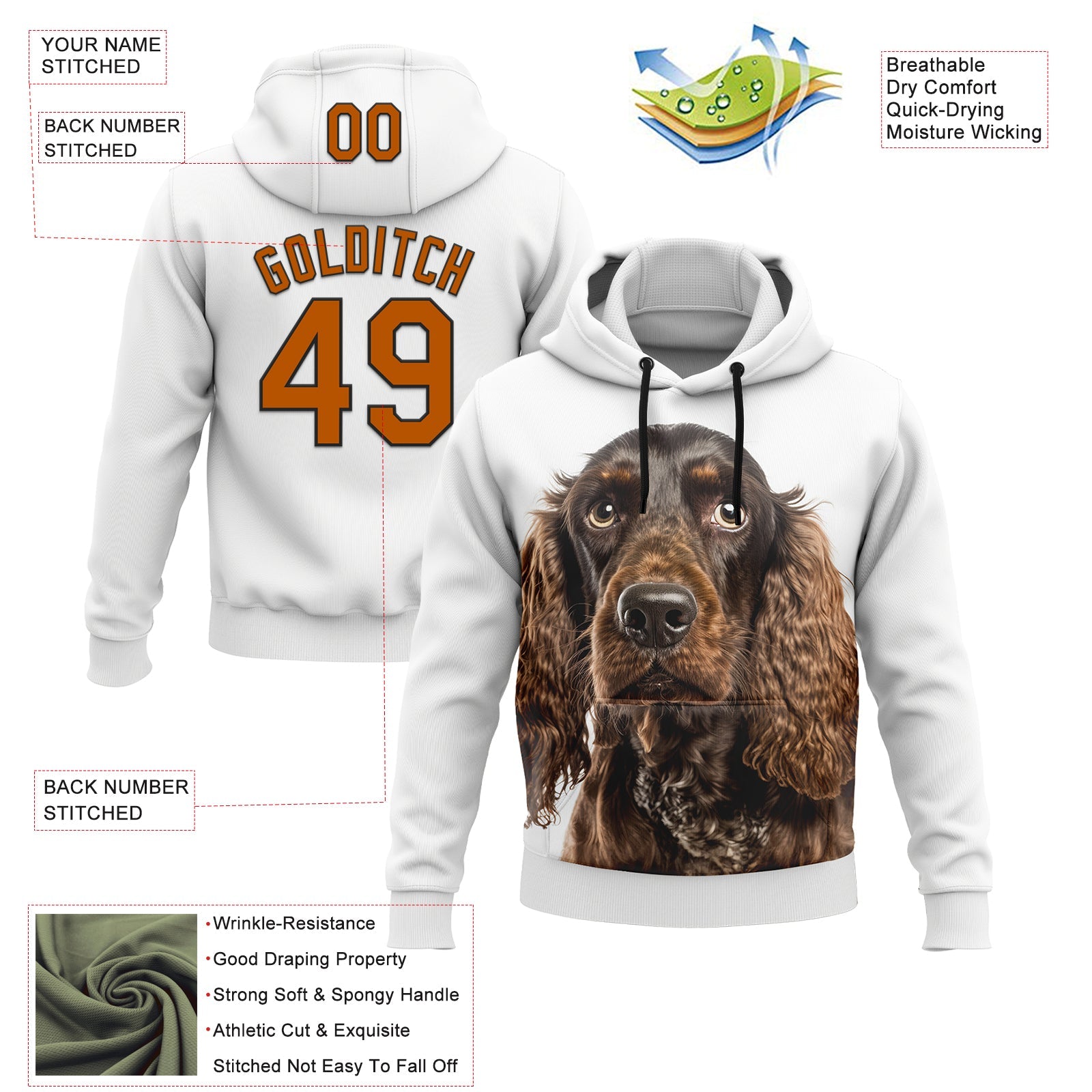 Custom Stitched White Texas Orange-Black 3D Pattern Design American Spaniel Dog Sports Pullover Sweatshirt Hoodie view 2