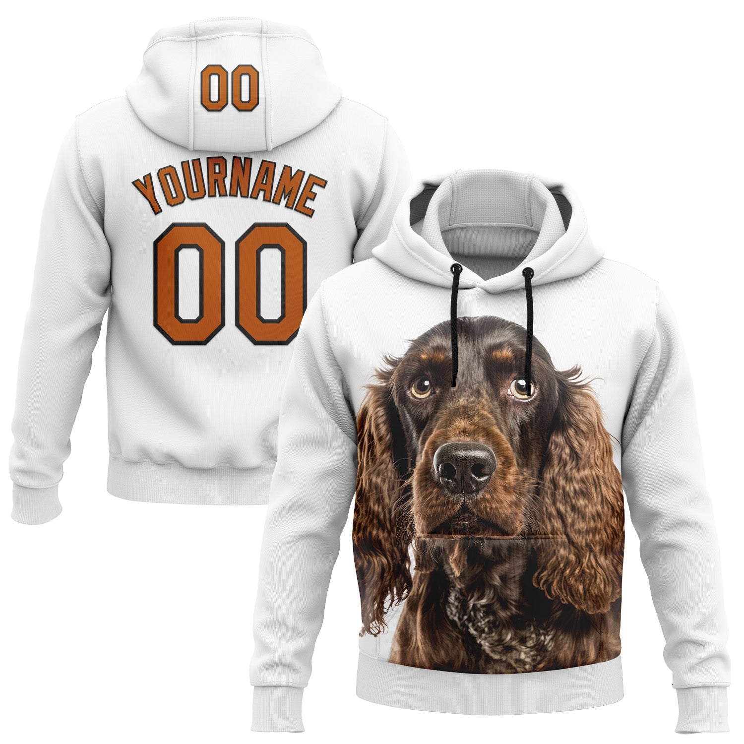 Custom Stitched White Texas Orange-Black 3D Pattern Design American Spaniel Dog Sports Pullover Sweatshirt Hoodie - Main View