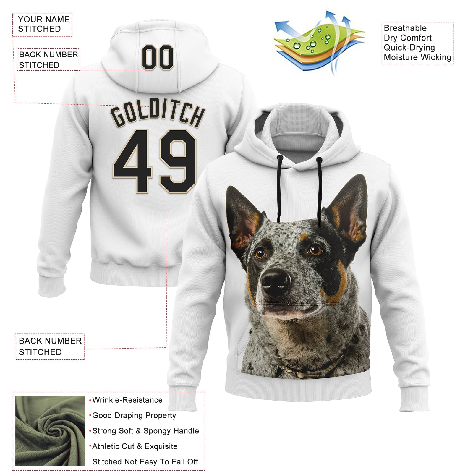 Custom Stitched White Black-Cream 3D Pattern Design Australian Cattlel Dog Sports Pullover Sweatshirt Hoodie view 2