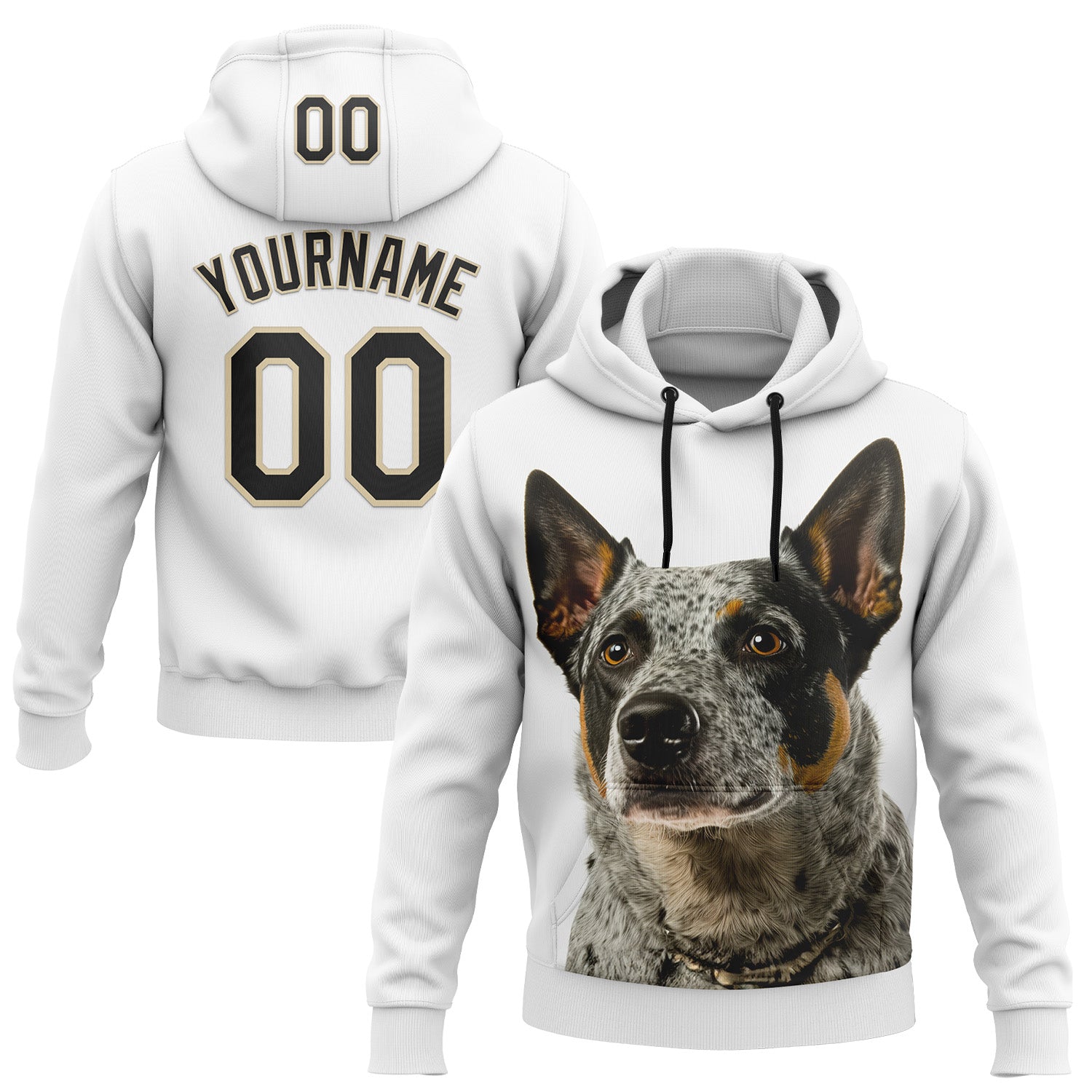 Custom Stitched White Black-Cream 3D Pattern Design Australian Cattlel Dog Sports Pullover Sweatshirt Hoodie - Main View