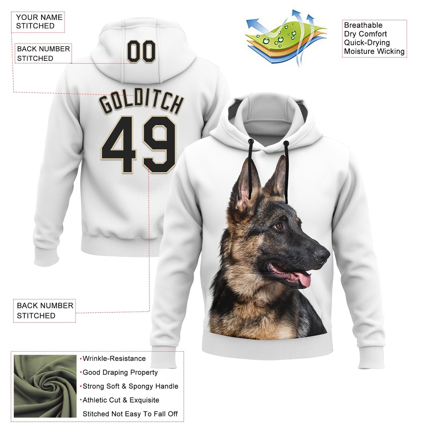 Custom Stitched White Black-Cream 3D Pattern Design German Shepherd Dog Sports Pullover Sweatshirt Hoodie view 2