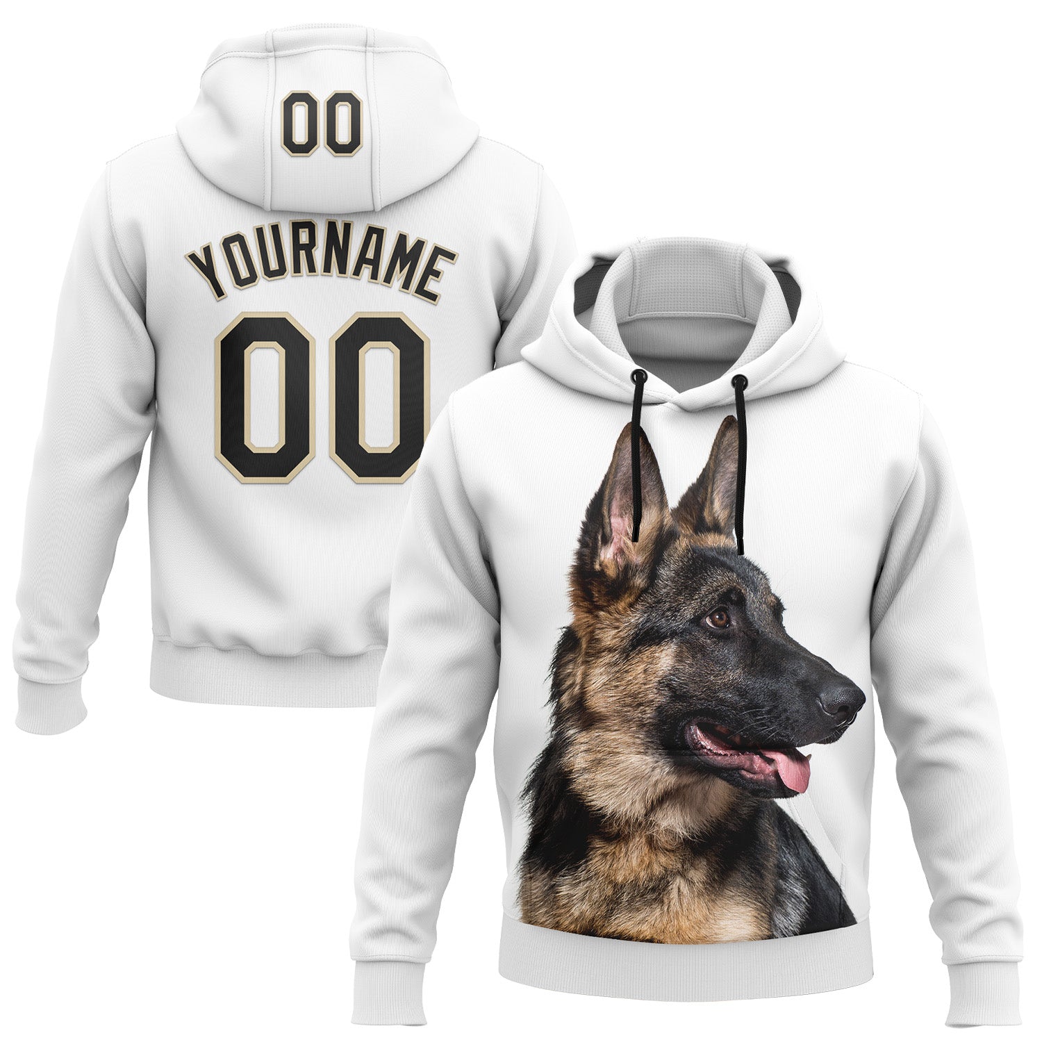 Custom Stitched White Black-Cream 3D Pattern Design German Shepherd Dog Sports Pullover Sweatshirt Hoodie - Main View