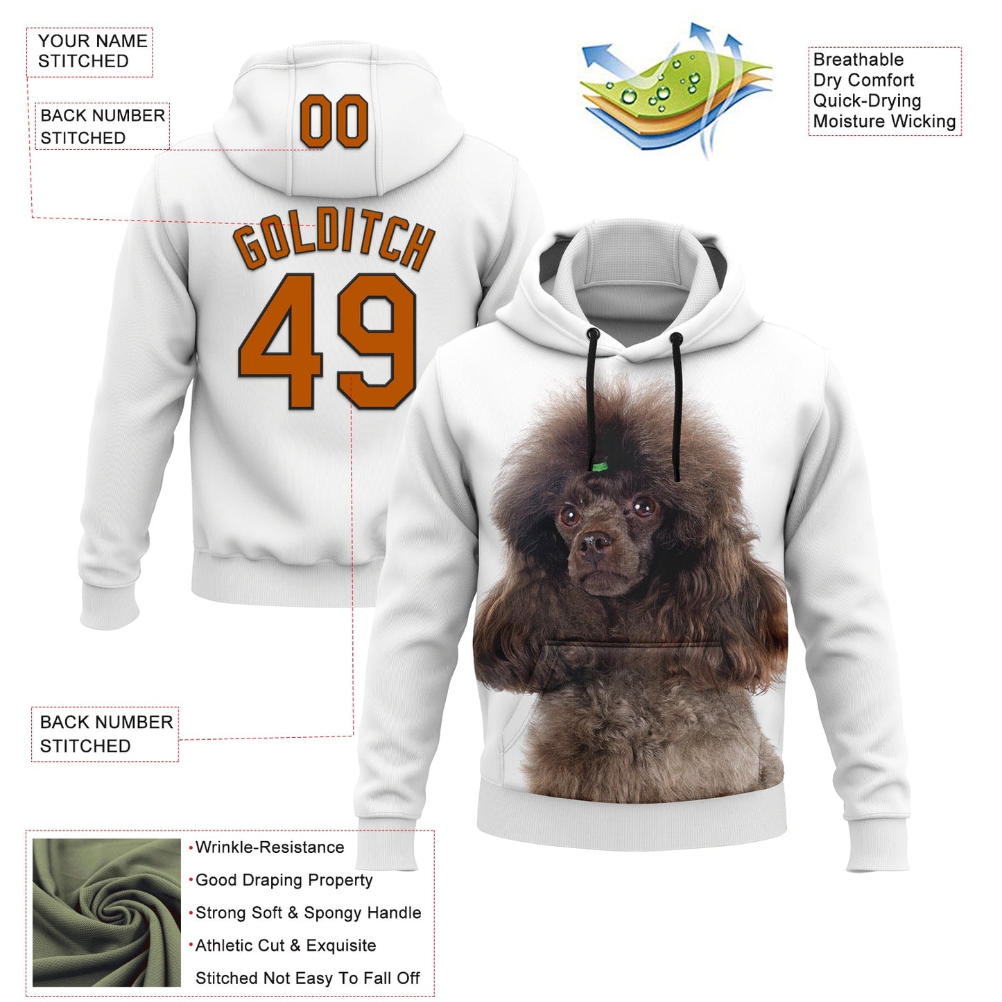 Custom Stitched White Texas Orange-Black 3D Pattern Design Poodle Dog Sports Pullover Sweatshirt Hoodie view 2
