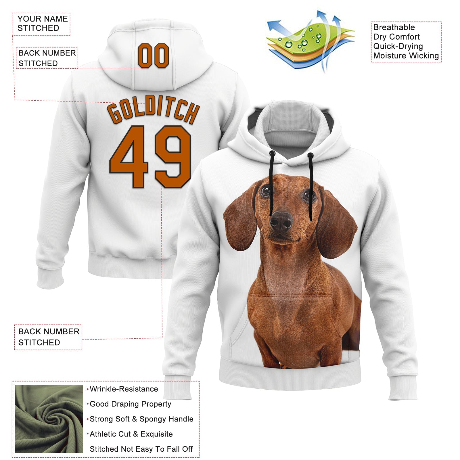 Custom Stitched White Texas Orange-Black 3D Pattern Design Dachshund Dog Sports Pullover Sweatshirt Hoodie view 2