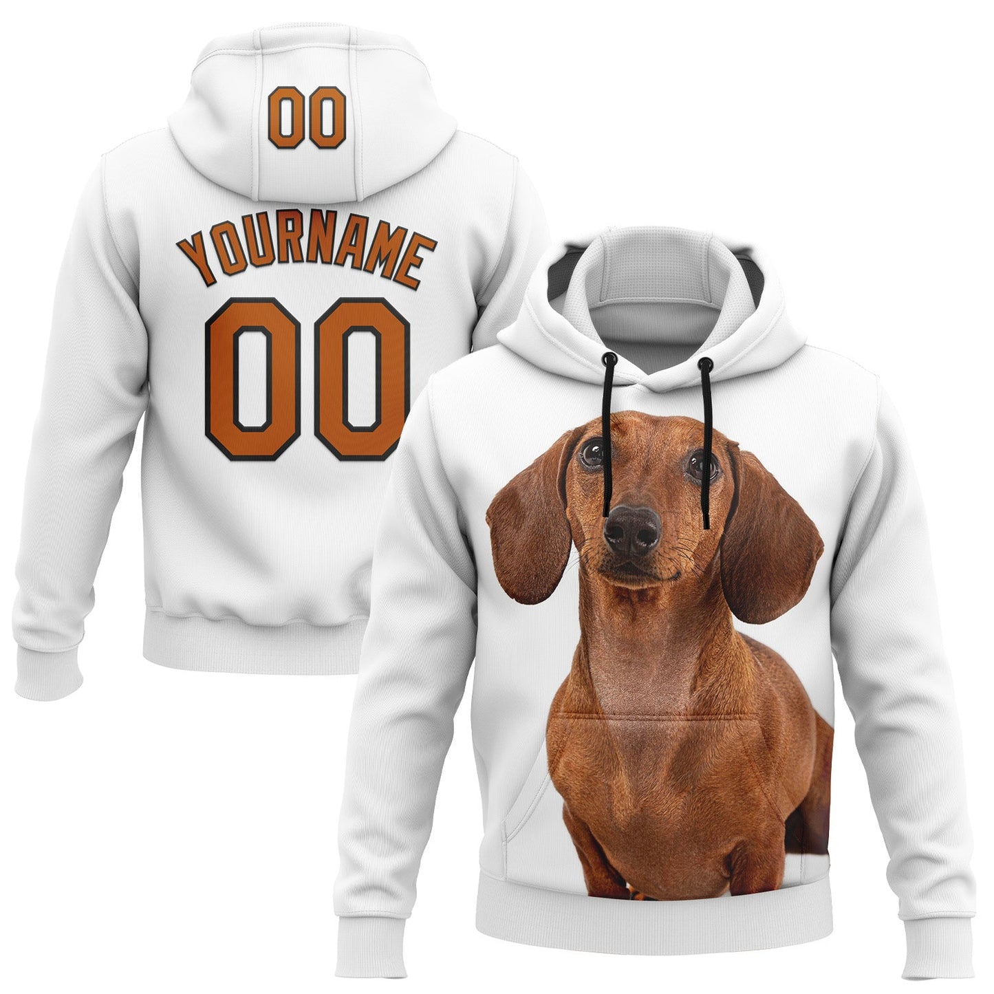 Custom Stitched White Texas Orange-Black 3D Pattern Design Dachshund Dog Sports Pullover Sweatshirt Hoodie - Main View