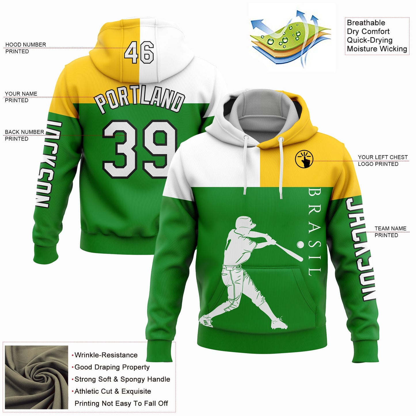 Custom Grass Green Yellow-Black 3D Brasil Brazilian Flag Sports Pullover Sweatshirt Hoodie view 2