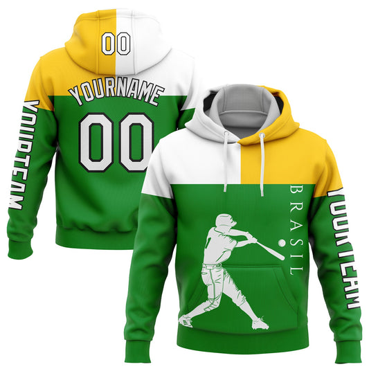 Custom Grass Green Yellow-Black 3D Brasil Brazilian Flag Sports Pullover Sweatshirt Hoodie - Main View