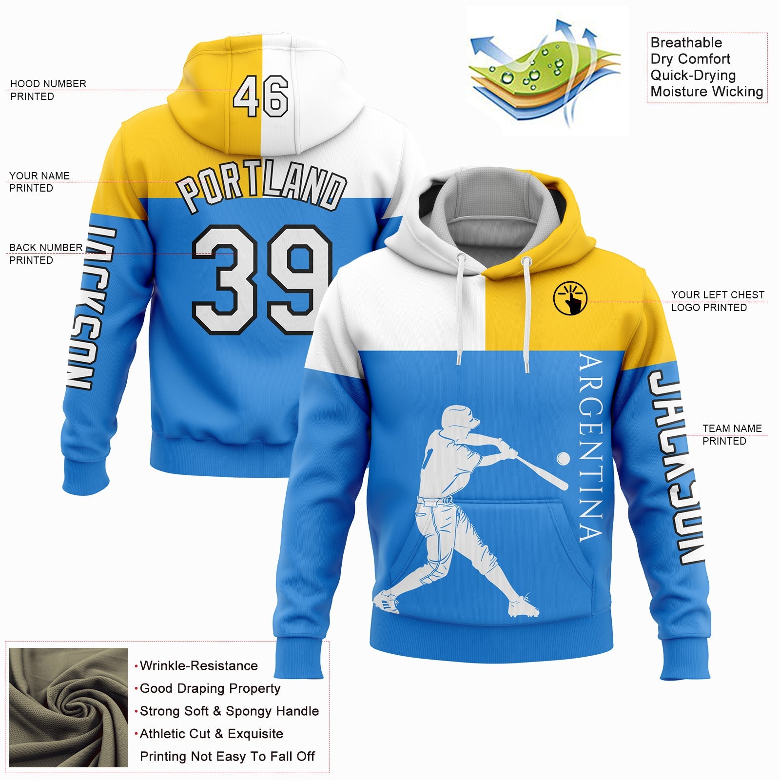 Custom Powder Blue Yellow-Black 3D Argentina Argentinian Flag Sports Pullover Sweatshirt Hoodie view 2