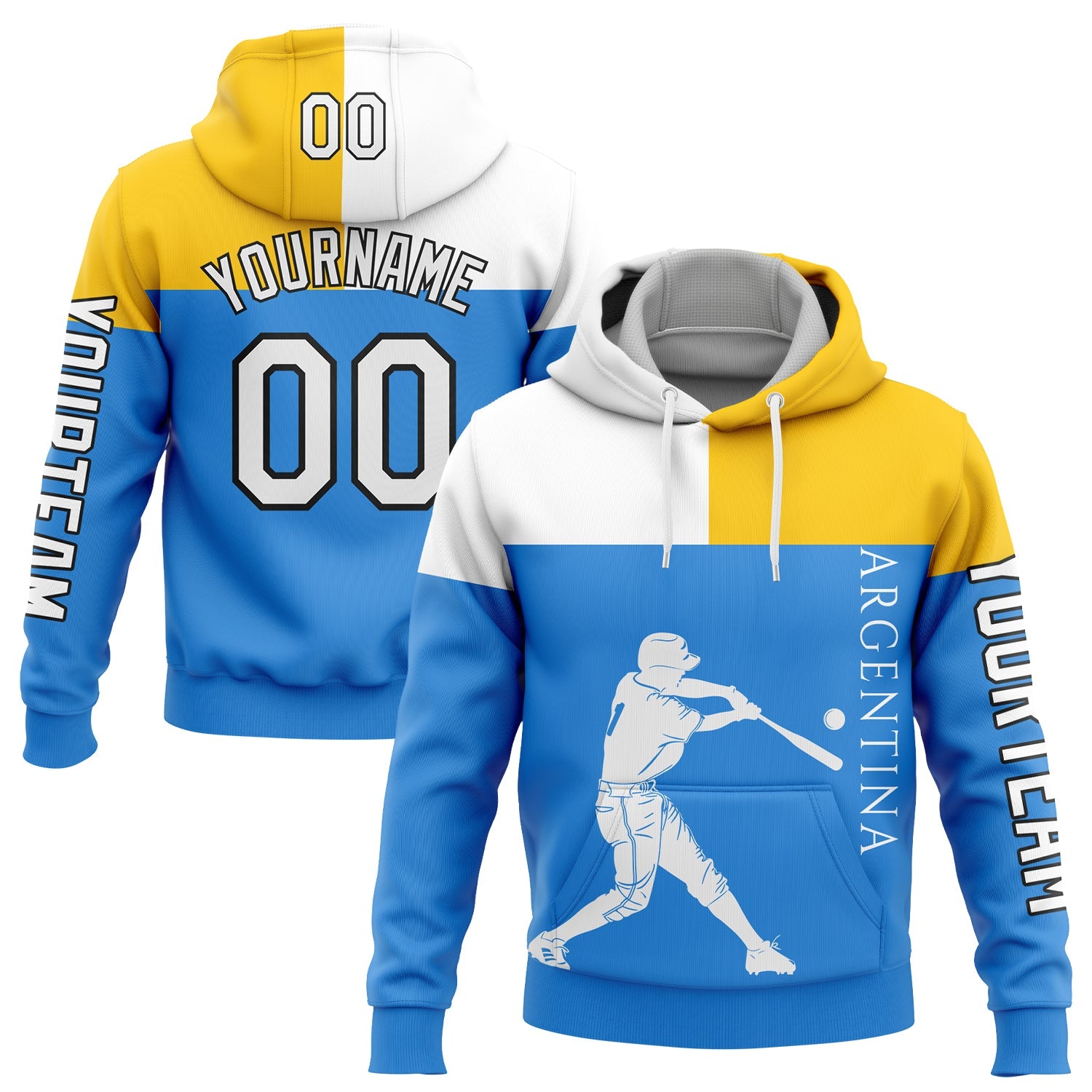 Custom Powder Blue Yellow-Black 3D Argentina Argentinian Flag Sports Pullover Sweatshirt Hoodie - Main View