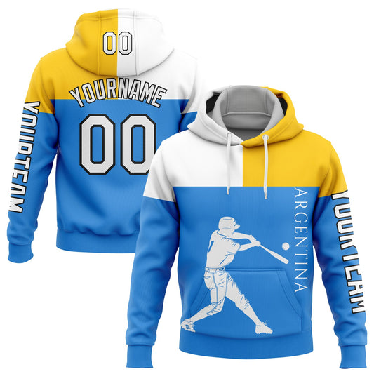 Custom Powder Blue Yellow-Black 3D Argentina Argentinian Flag Sports Pullover Sweatshirt Hoodie - Main View