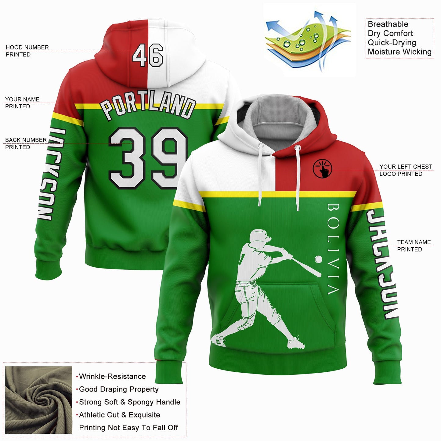 Custom Grass Green Red Light Yellow-Black 3D Bolivia Bolivian Flag Sports Pullover Sweatshirt Hoodie view 2