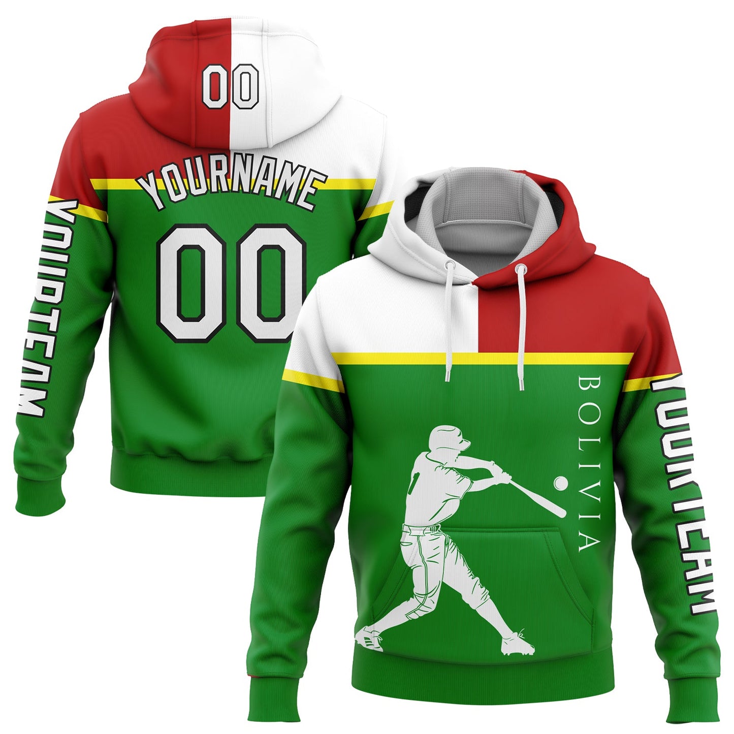 Custom Grass Green Red Light Yellow-Black 3D Bolivia Bolivian Flag Sports Pullover Sweatshirt Hoodie - Main View