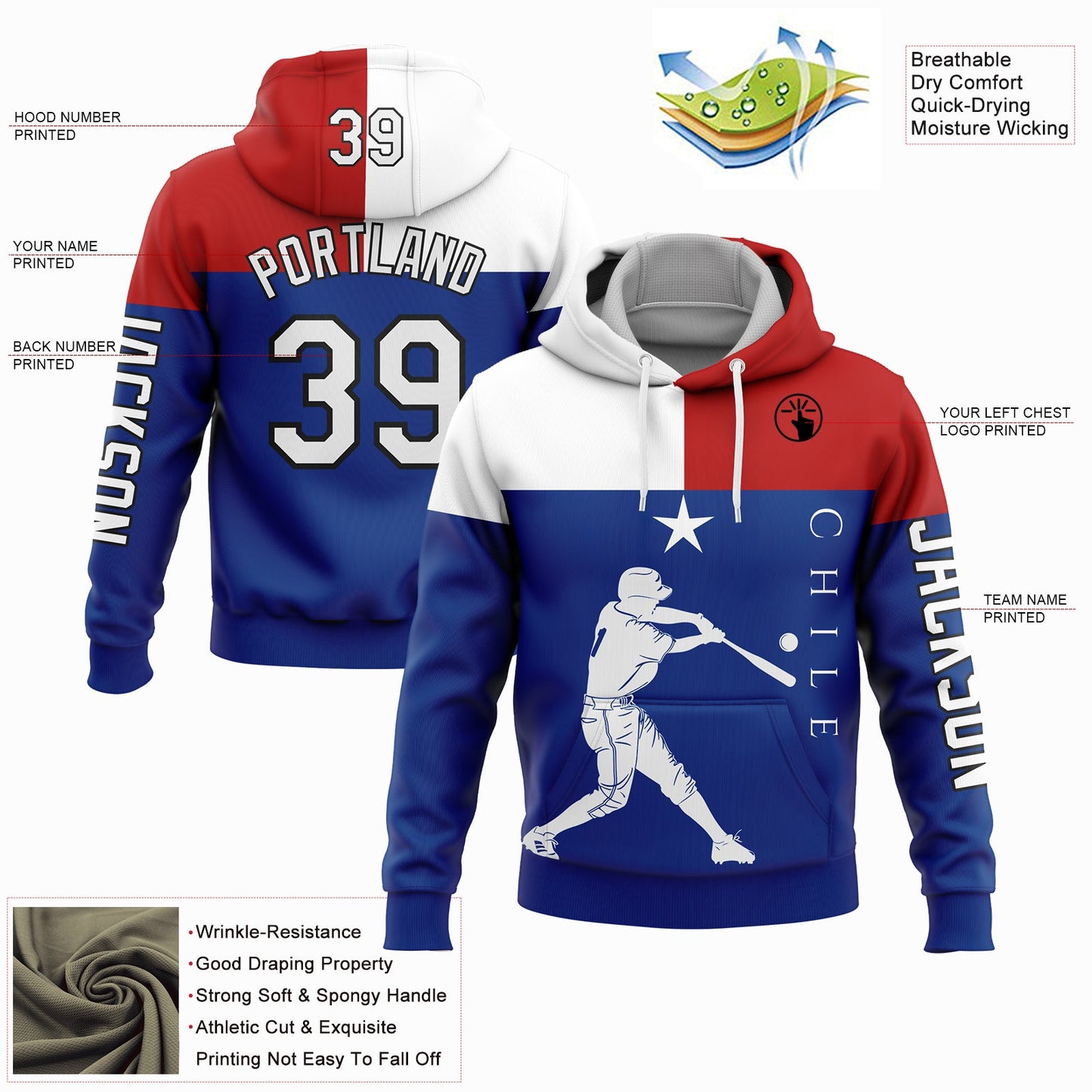Custom Royal Red-Black 3D Chile Chilean Flag Sports Pullover Sweatshirt Hoodie view 2