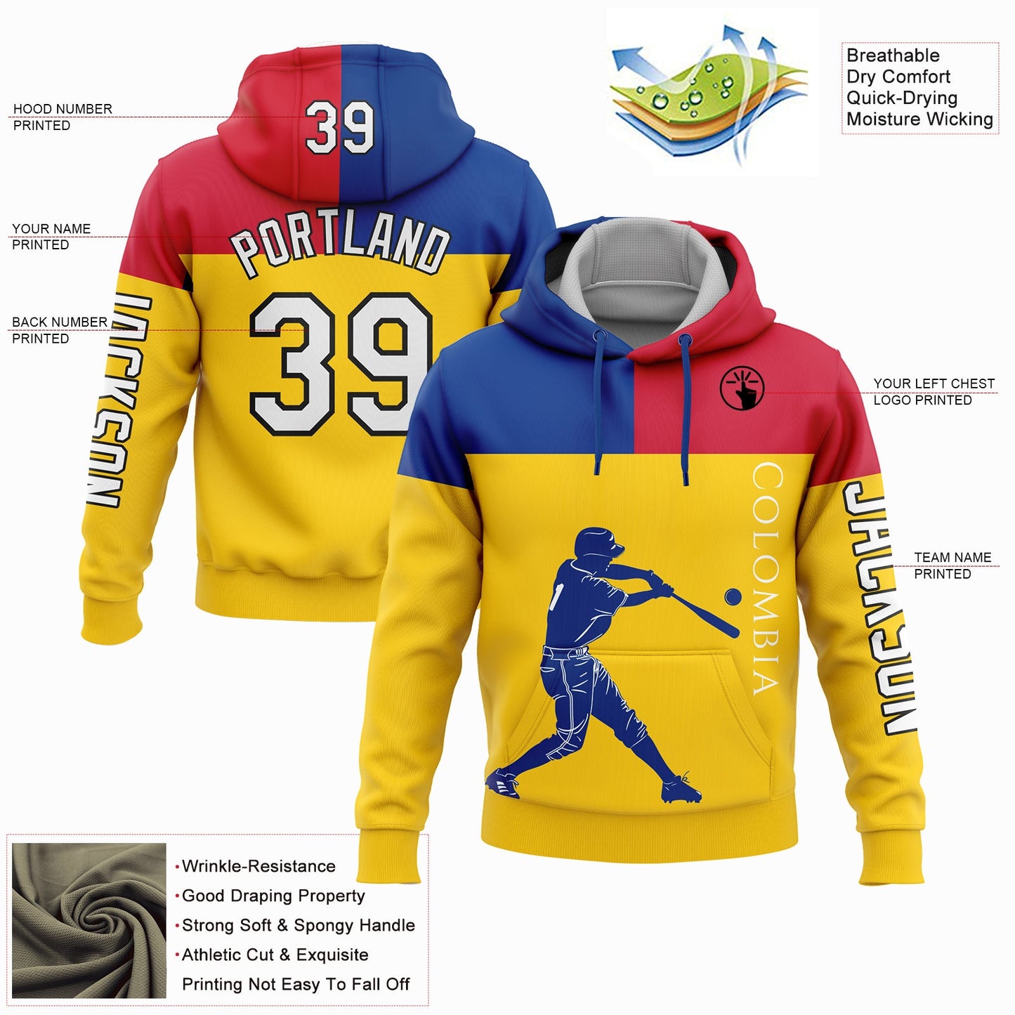 Custom Gold Royal Red-Black 3D Colombia Colombian Flag Sports Pullover Sweatshirt Hoodie view 2
