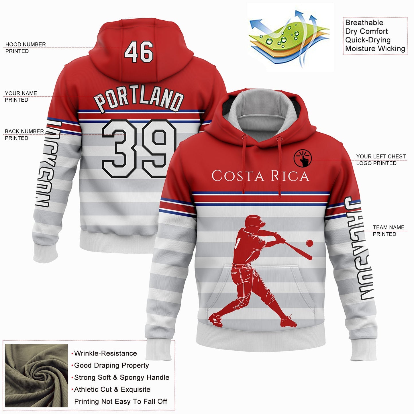 Custom White Red Royal Gray-Black 3D Costa Rica Costa Rican Flag Sports Pullover Sweatshirt Hoodie view 2