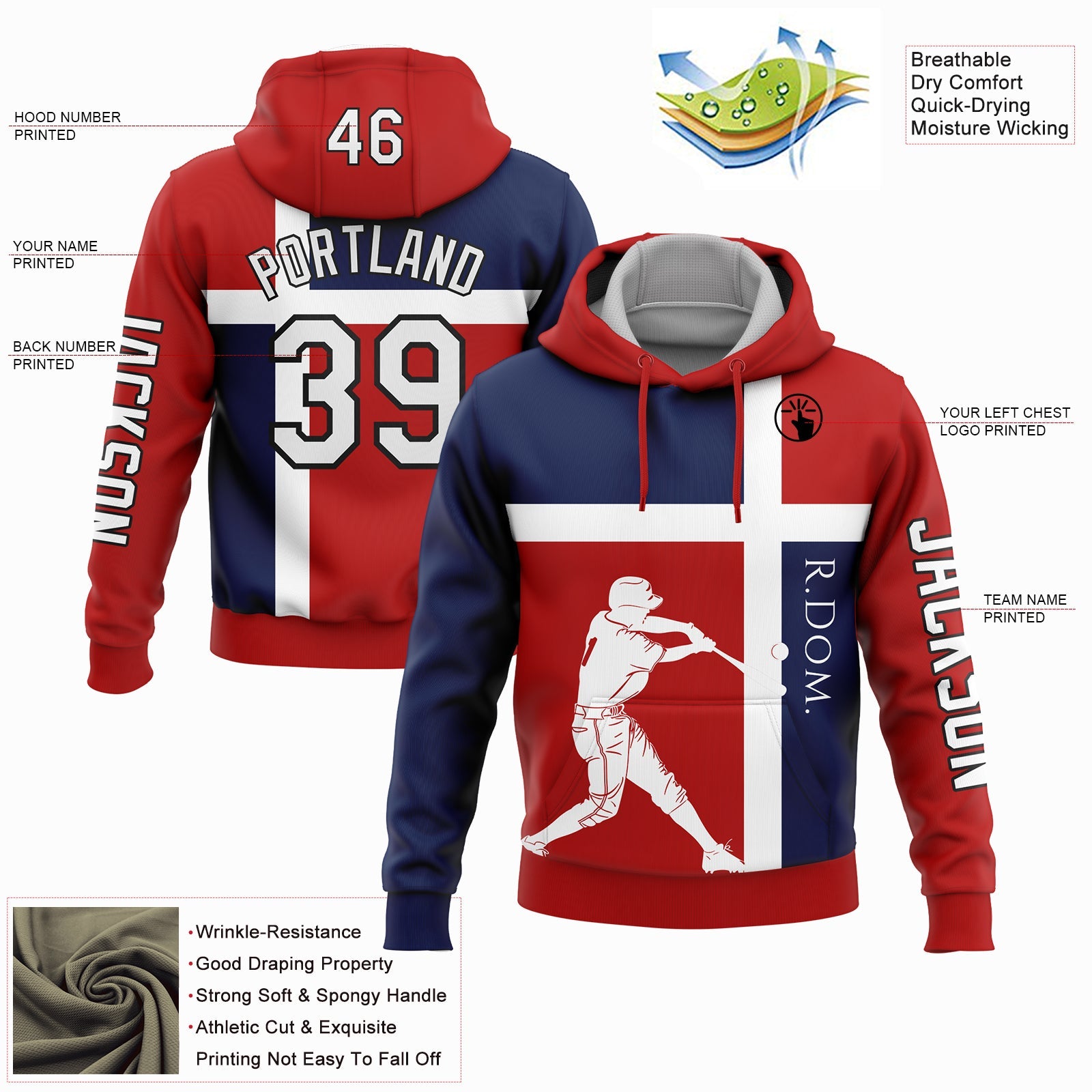 Custom Red US Navy Blue-Black 3D Dominican Republic Dominican Republic Flag Sports Pullover Sweatshirt Hoodie view 2
