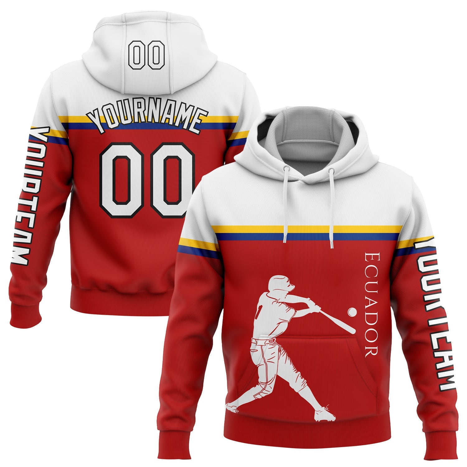 Custom Red Yellow Royal-Black 3D Ecuador Ecuadorian Flag Sports Pullover Sweatshirt Hoodie - Main View