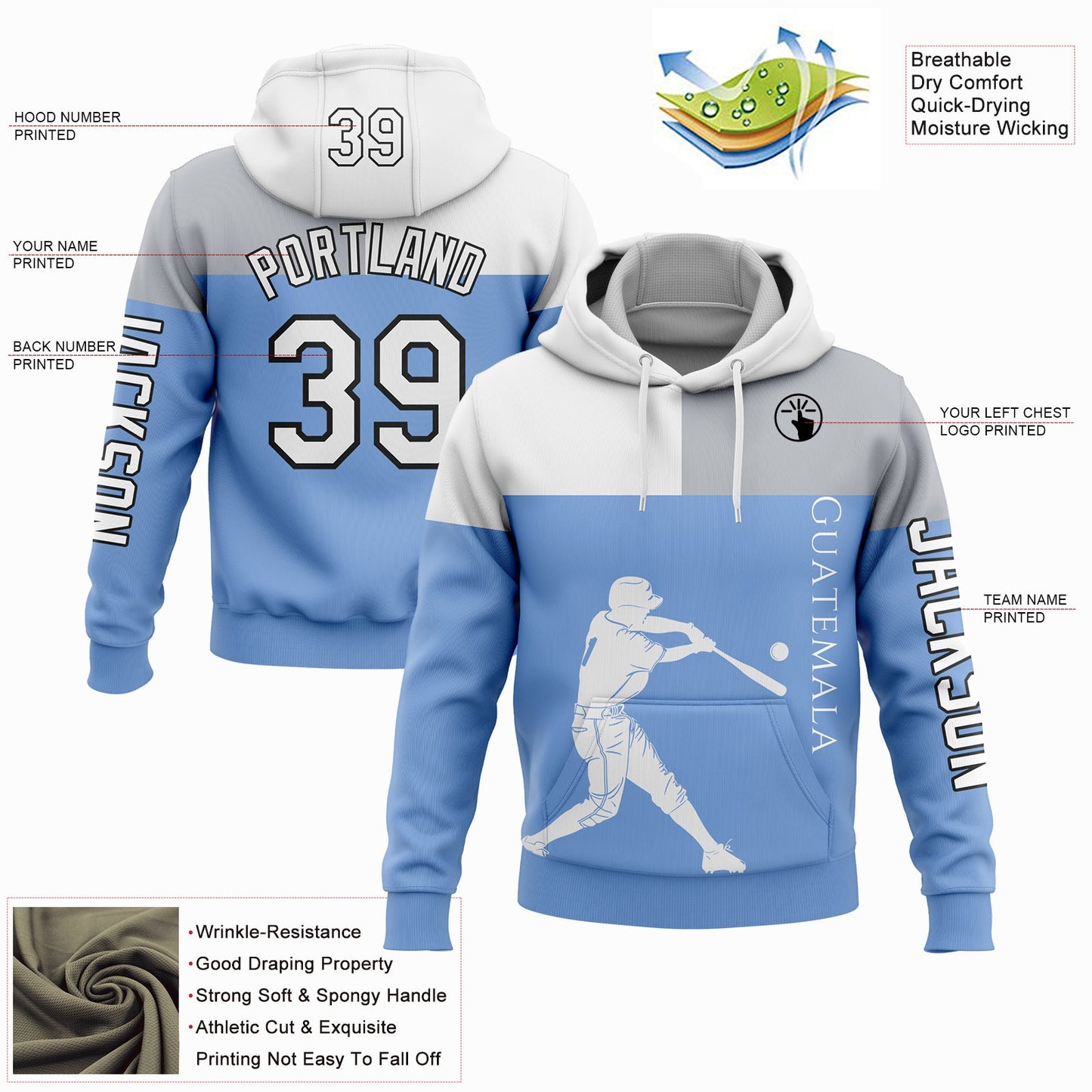 Custom Light Blue Gray-Black 3D Guatemala Guatemalan Flag Sports Pullover Sweatshirt Hoodie view 2