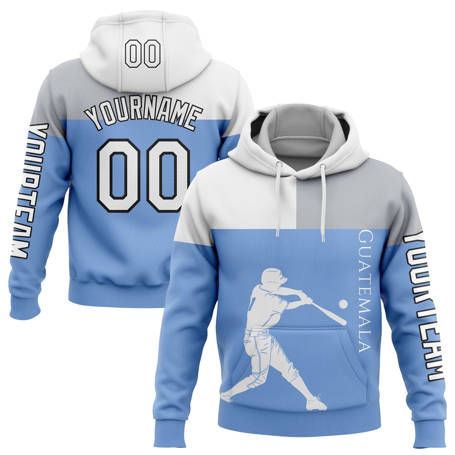 Custom Light Blue Gray-Black 3D Guatemala Guatemalan Flag Sports Pullover Sweatshirt Hoodie - Main View