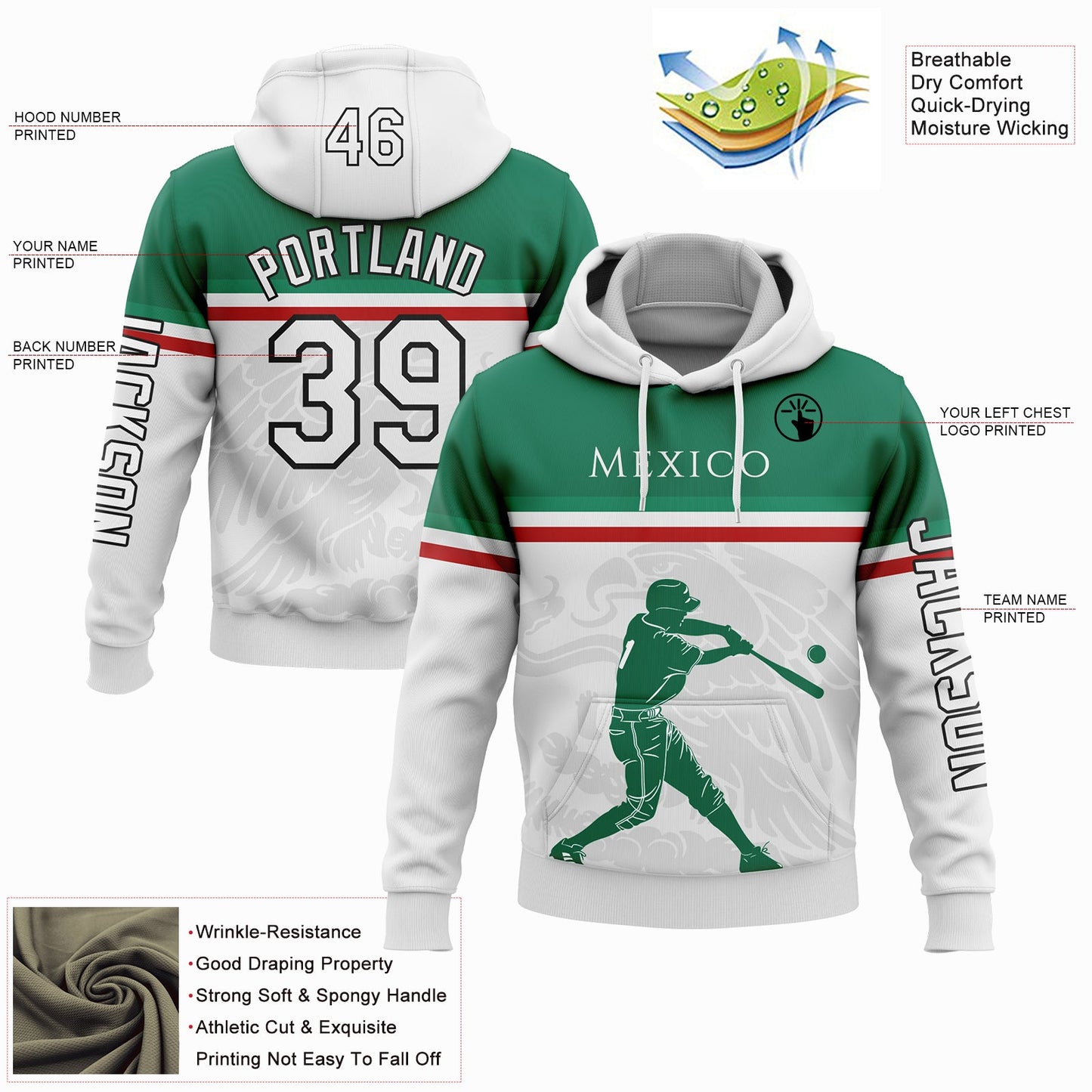 Custom White Kelly Green Red-Black 3D Mexico Mexican Flag Sports Pullover Sweatshirt Hoodie view 2