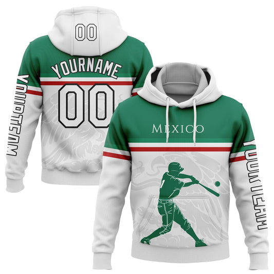 Custom White Kelly Green Red-Black 3D Mexico Mexican Flag Sports Pullover Sweatshirt Hoodie - Main View