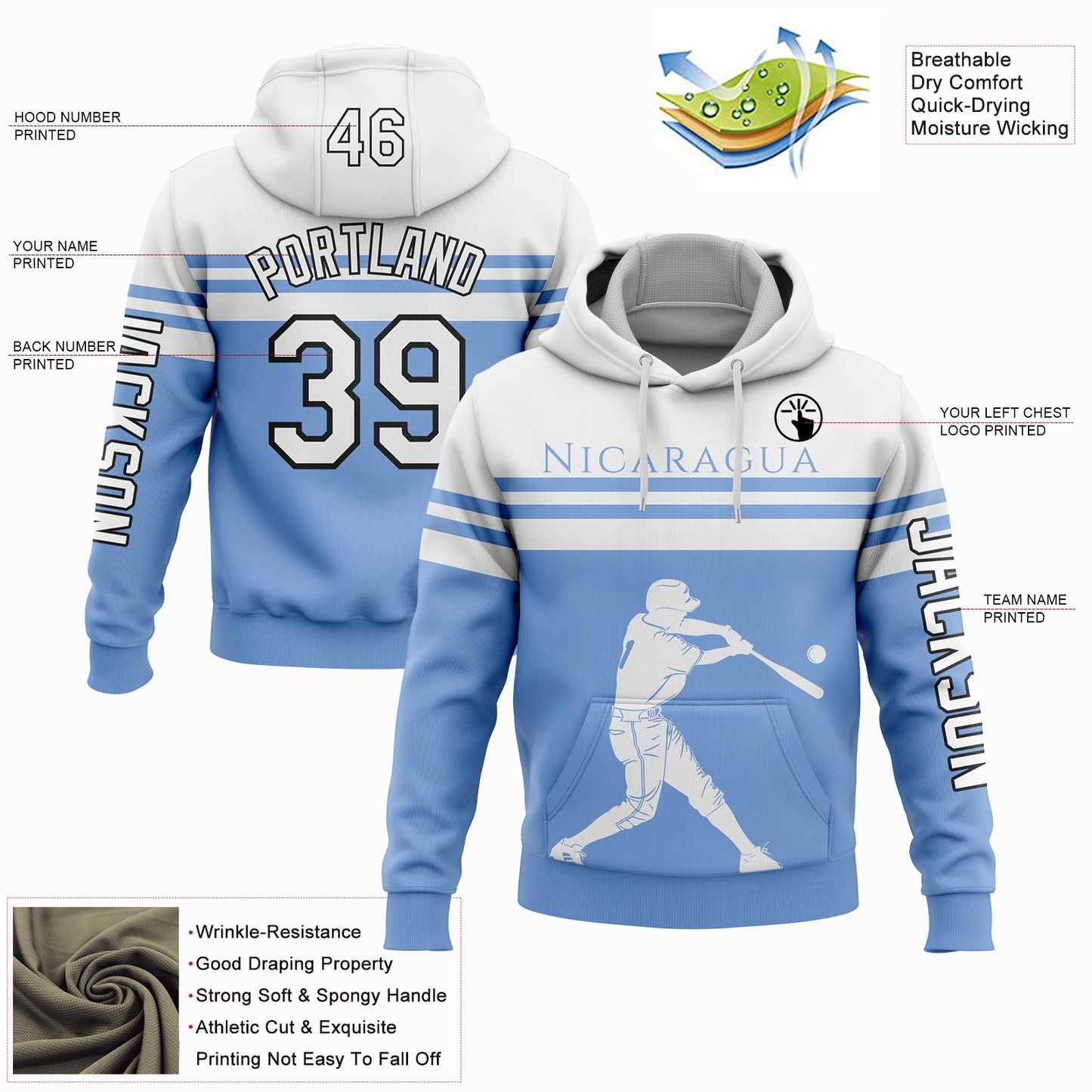 Custom Light Blue White-Black 3D Nicaragua Nicaraguan Flag Sports Pullover Sweatshirt Hoodie view 2