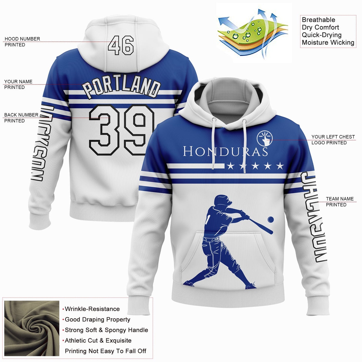Custom White Royal-Black 3D Honduras Honduran Flag Sports Pullover Sweatshirt Hoodie view 2