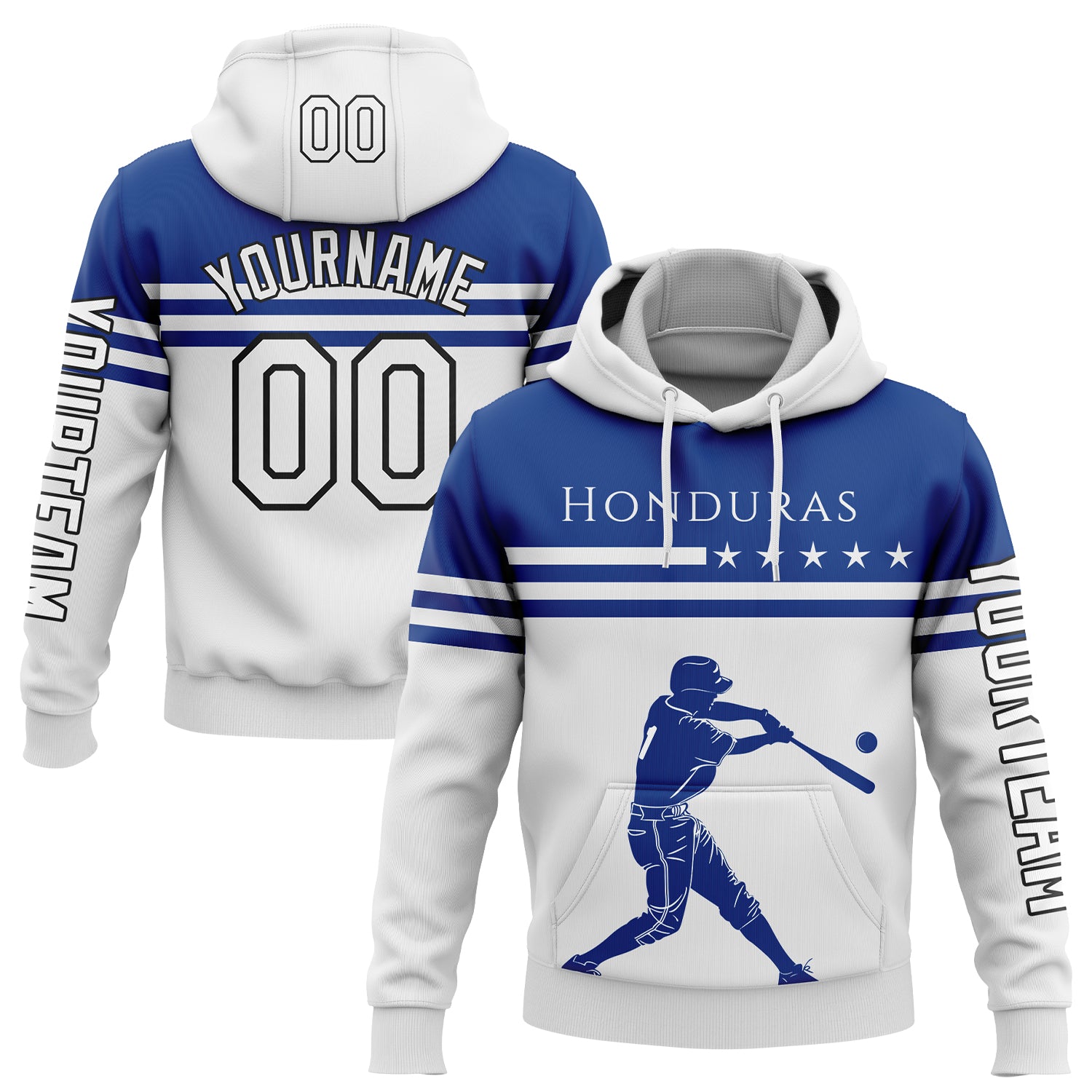 Custom White Royal-Black 3D Honduras Honduran Flag Sports Pullover Sweatshirt Hoodie - Main View