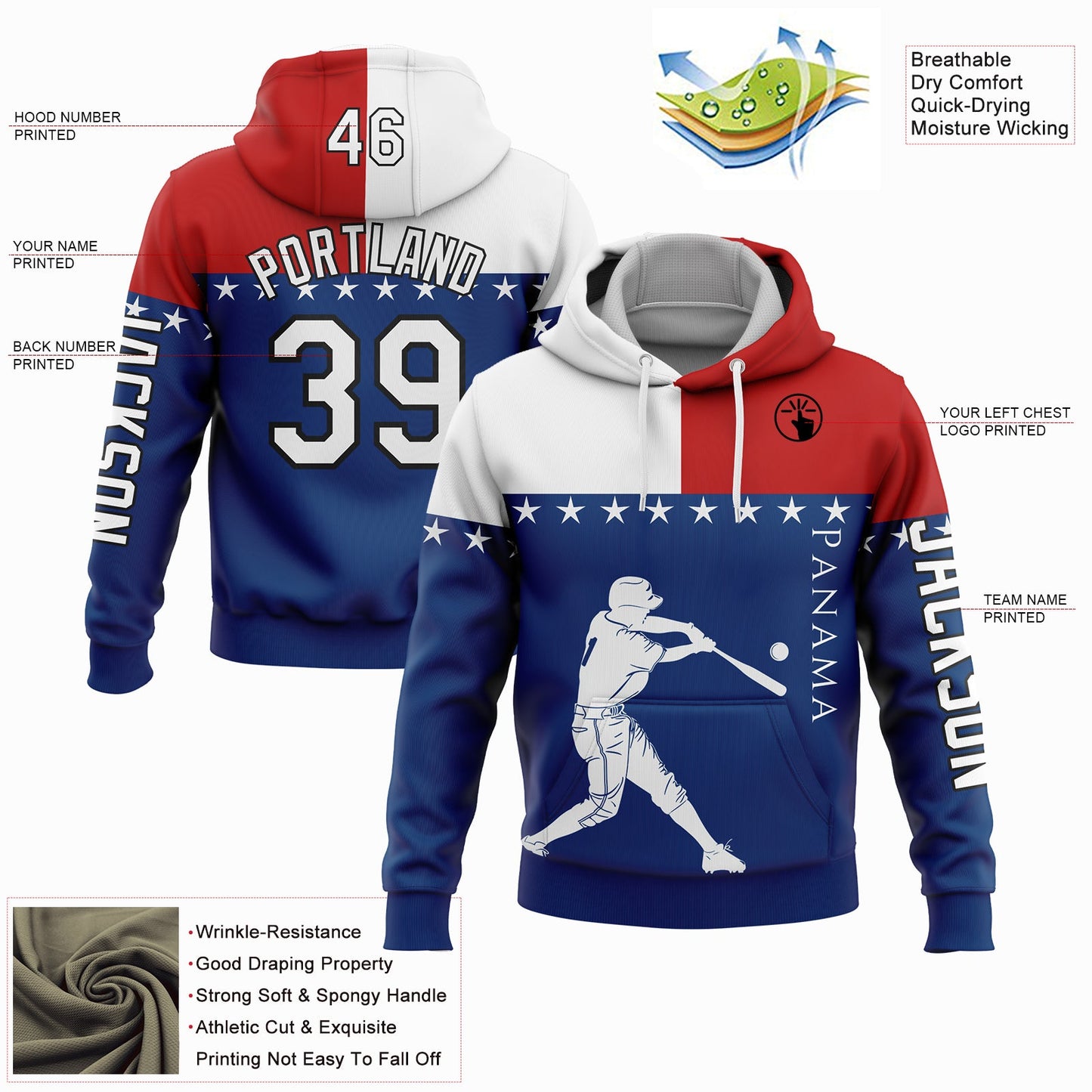 Custom US Navy Blue Red-Black 3D Panama Panamanian Flag Sports Pullover Sweatshirt Hoodie view 2