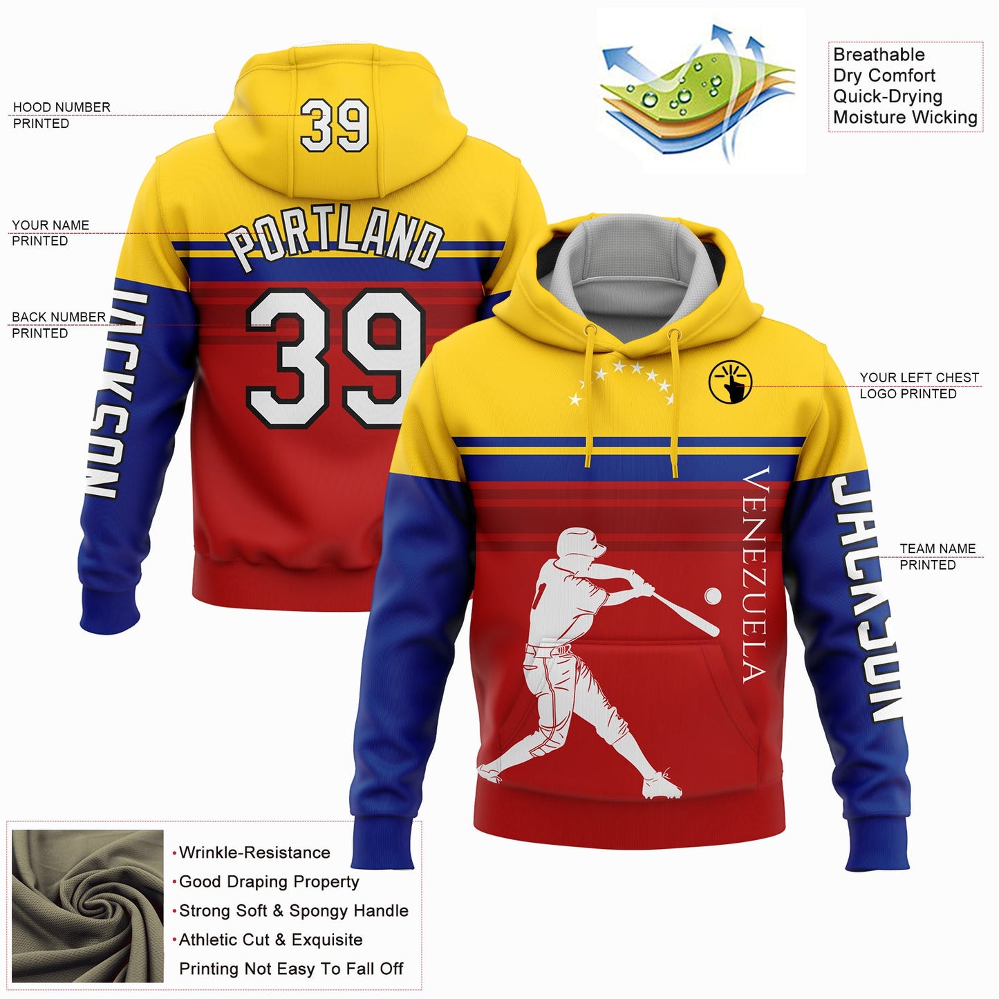 Custom Red Gold Royal-Black 3D Venezuela Venezuelan Flag Sports Pullover Sweatshirt Hoodie view 2