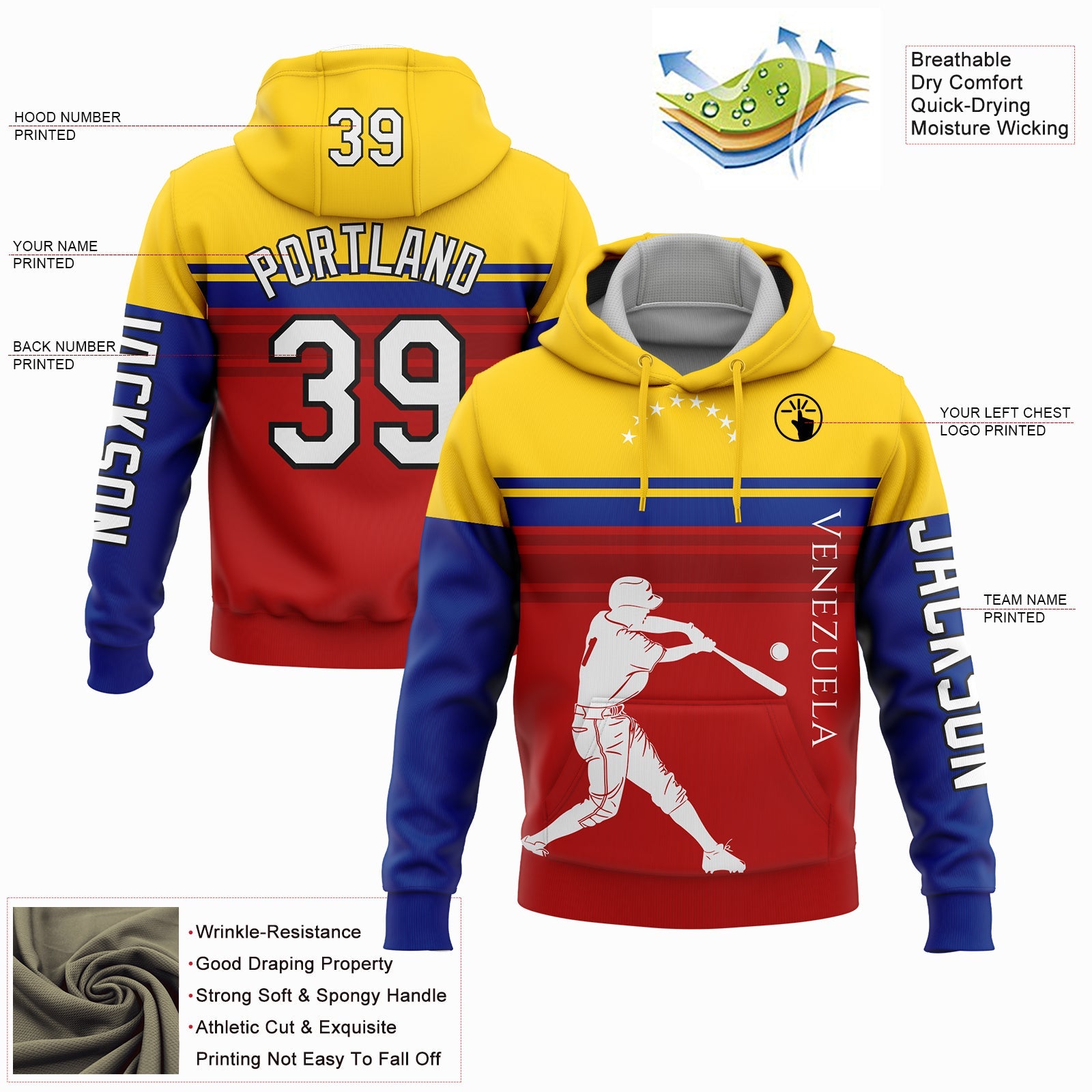 Custom Red Gold Royal-Black 3D Venezuela Venezuelan Flag Sports Pullover Sweatshirt Hoodie view 2