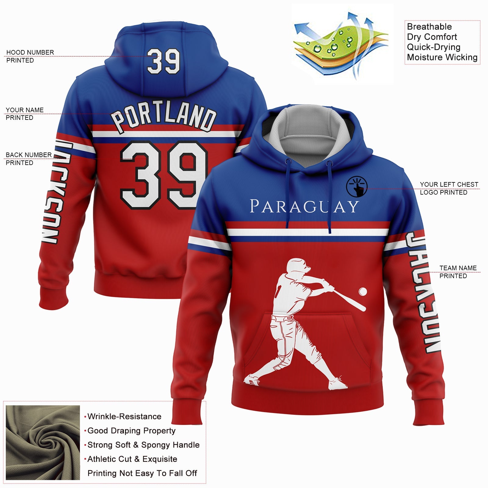 Custom Red Royal-Black 3D Paraguay Paraguayan Flag Sports Pullover Sweatshirt Hoodie view 2