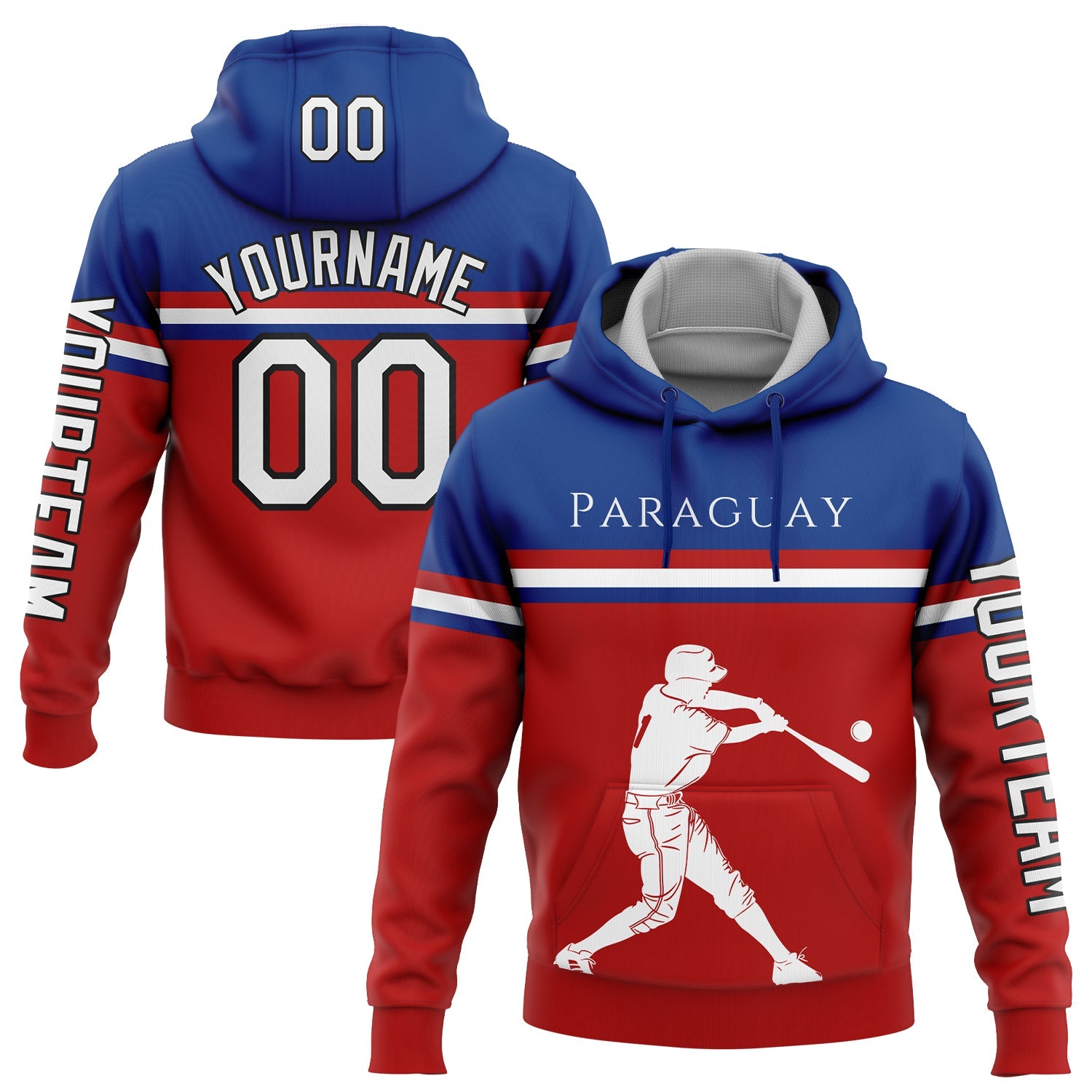 Custom Red Royal-Black 3D Paraguay Paraguayan Flag Sports Pullover Sweatshirt Hoodie - Main View