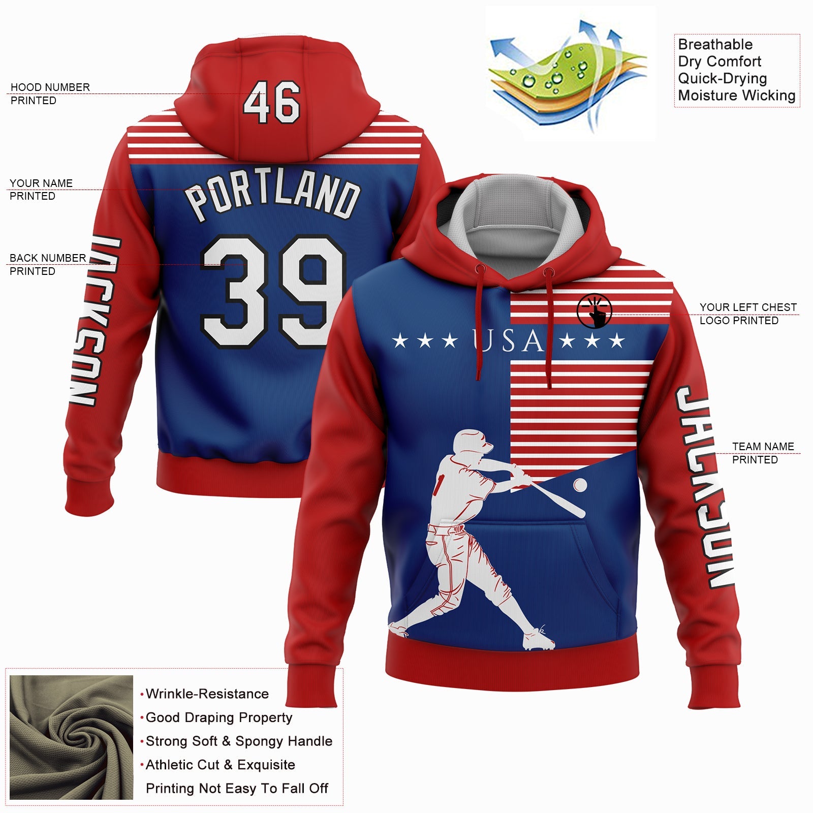 Custom Red US Navy Blue-Black 3D USA Flag Sports Pullover Sweatshirt Hoodie view 2