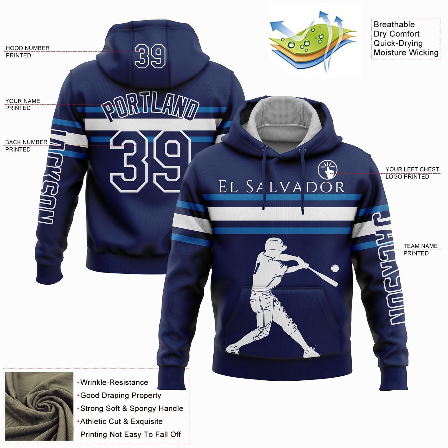 Custom Navy Blue-White 3D El Salvador El Salvadoran Flag Sports Pullover Sweatshirt Hoodie view 2