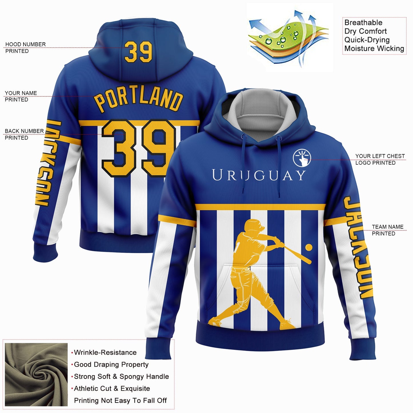 Custom Royal Gold-Black 3D Uruguay Uruguayan Flag Sports Pullover Sweatshirt Hoodie view 2