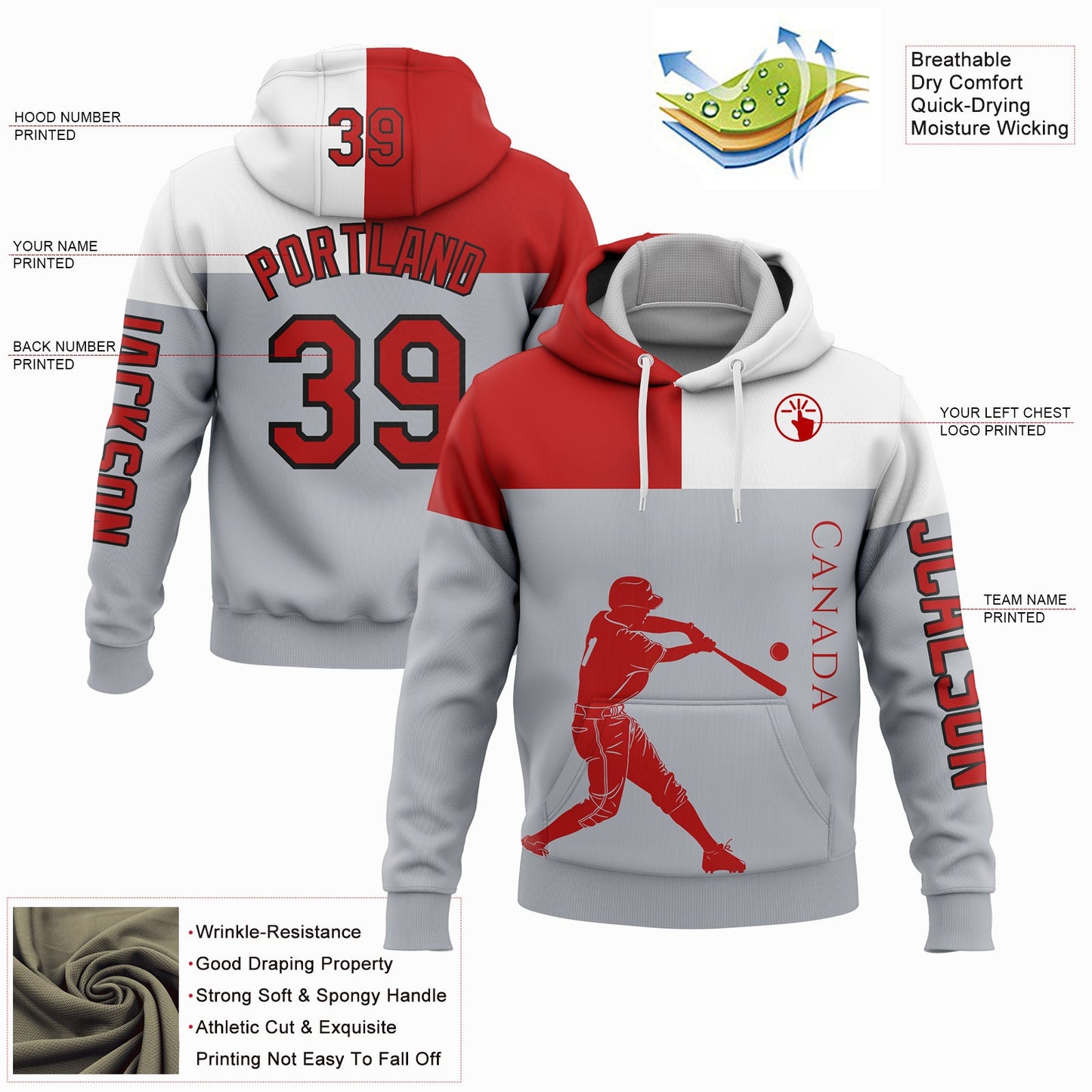 Custom Gray Red Fire Red-Black 3D Canada Canadian Flag Sports Pullover Sweatshirt Hoodie view 2
