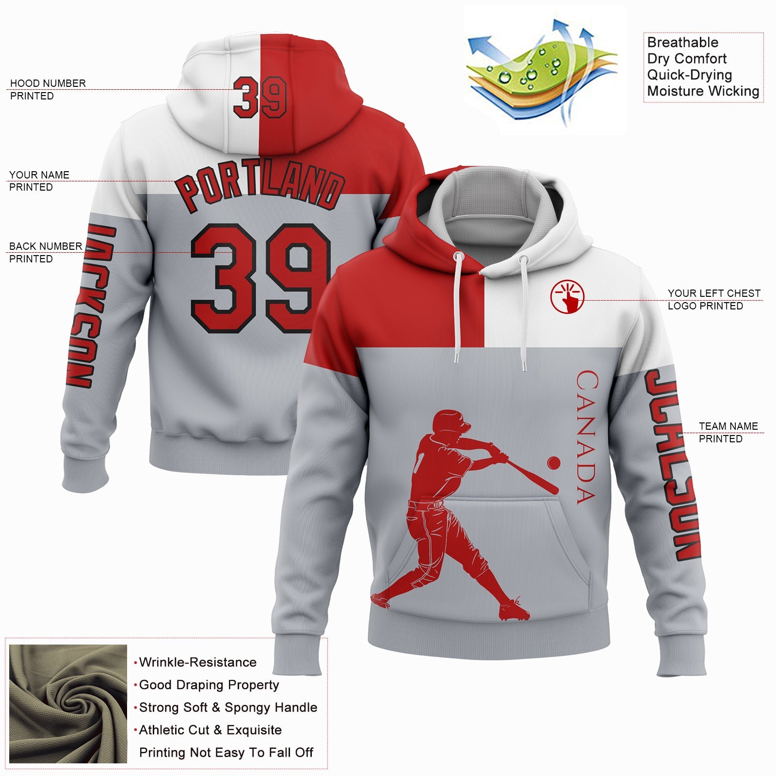 Custom Gray Red Fire Red-Black 3D Canada Canadian Flag Sports Pullover Sweatshirt Hoodie view 2