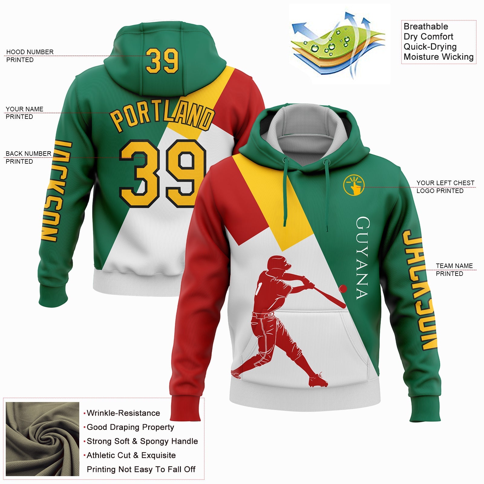 Custom Kelly Green Gold Red-Black 3D Guyana Guyana Flag Sports Pullover Sweatshirt Hoodie view 2