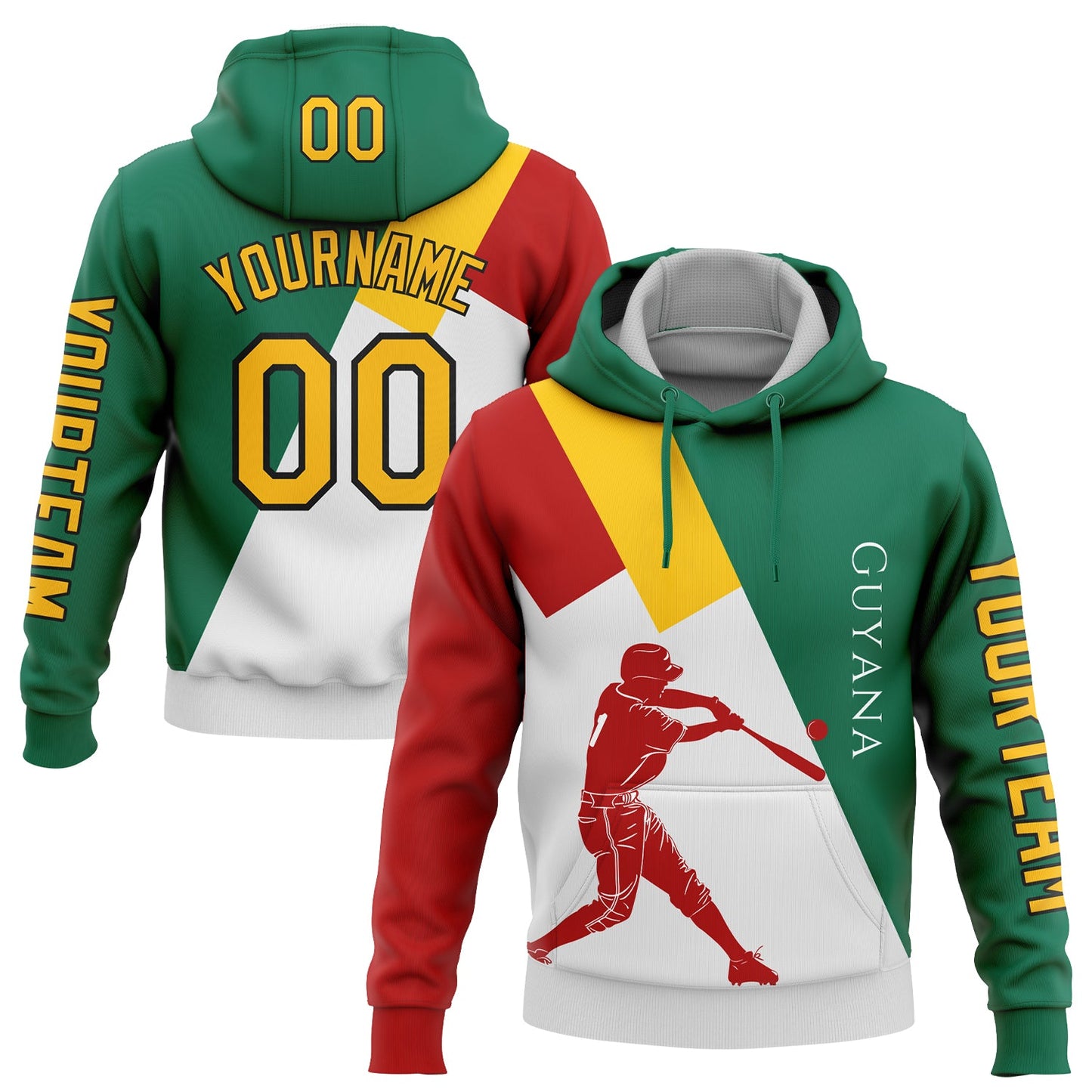 Custom Kelly Green Gold Red-Black 3D Guyana Guyana Flag Sports Pullover Sweatshirt Hoodie - Main View