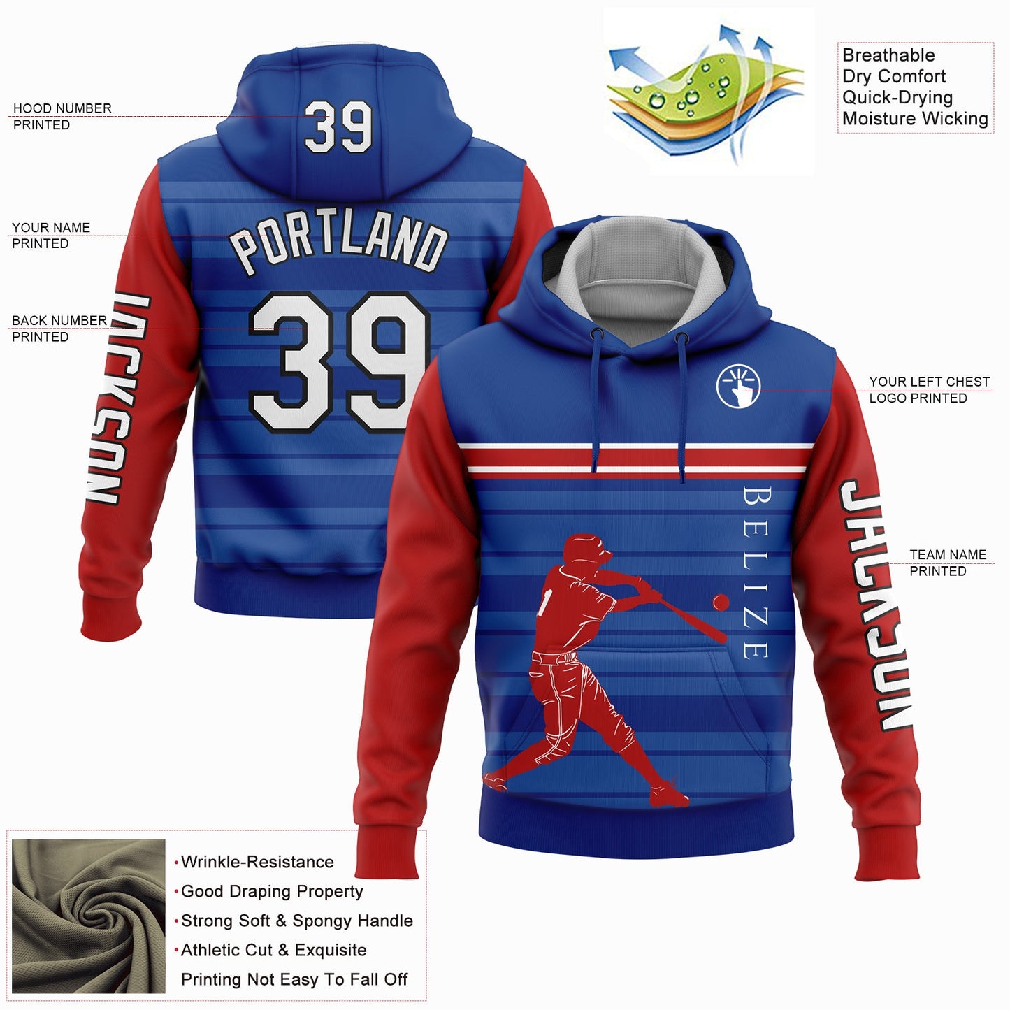 Custom Royal Red-Black 3D Belize Belizean Flag Sports Pullover Sweatshirt Hoodie view 2