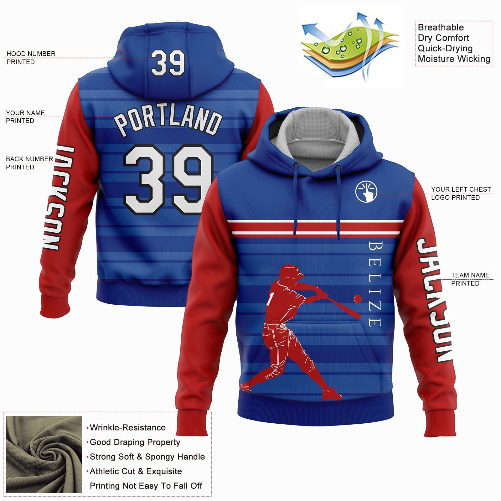 Custom Royal Red-Black 3D Belize Belizean Flag Sports Pullover Sweatshirt Hoodie view 2