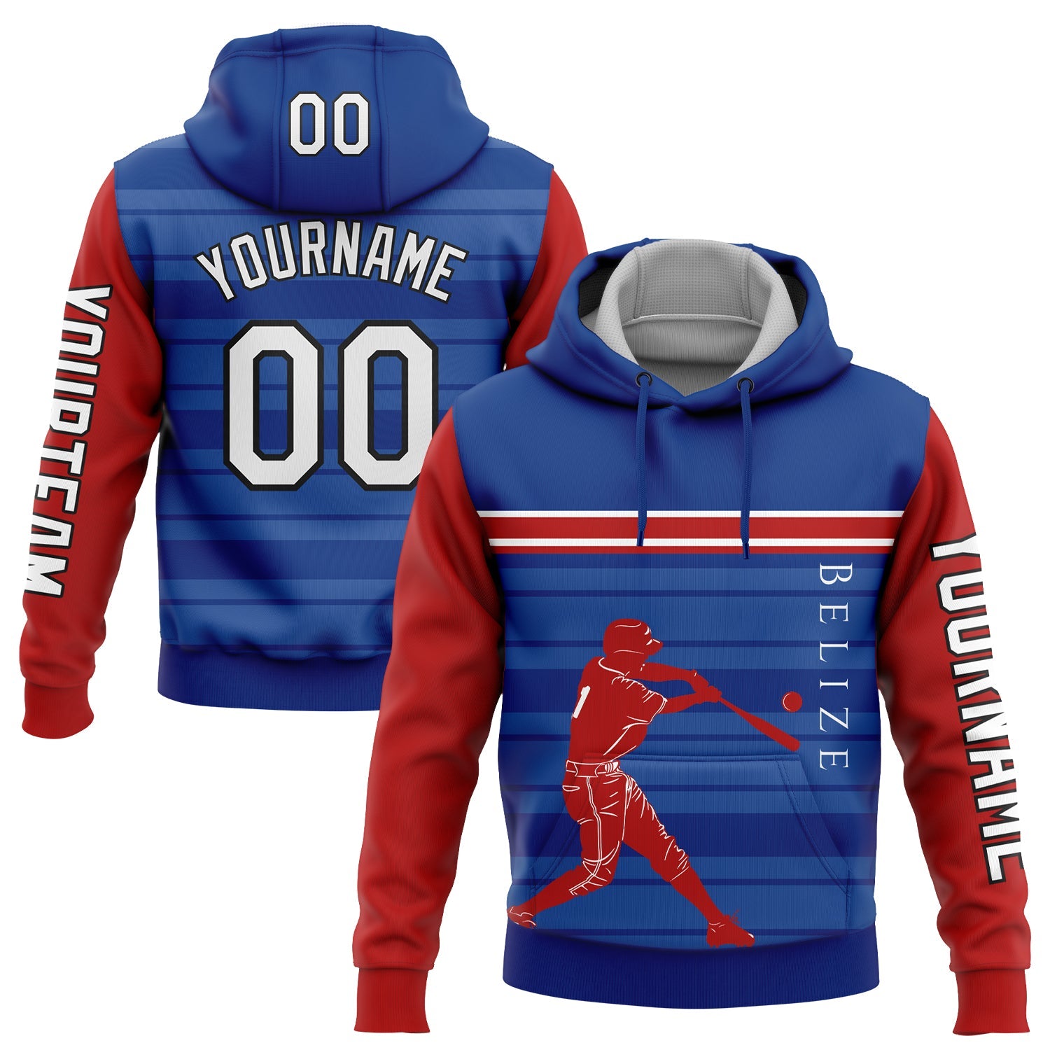 Custom Royal Red-Black 3D Belize Belizean Flag Sports Pullover Sweatshirt Hoodie - Main View