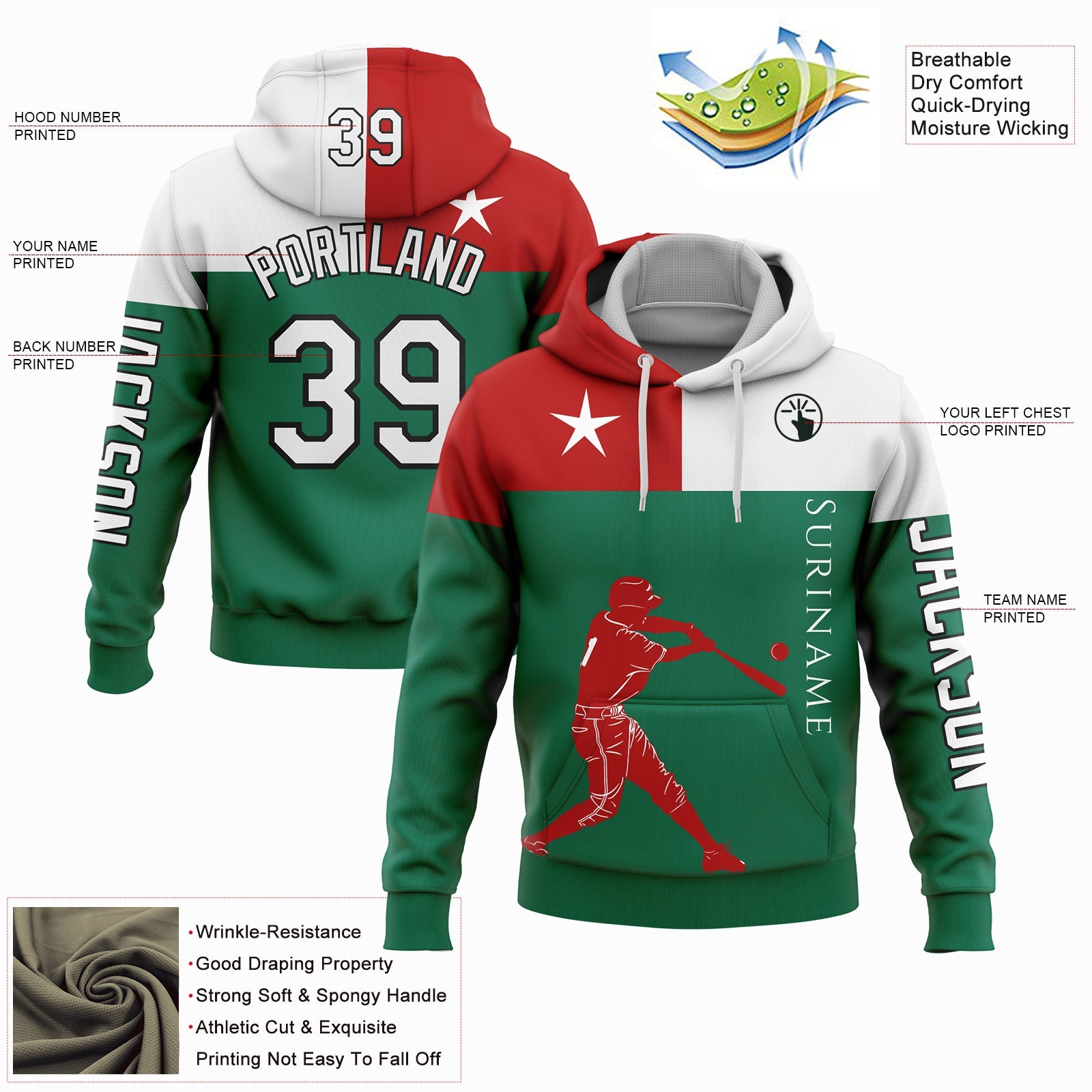 Custom Kelly Green Red-Black 3D Suriname Surinamese Flag Sports Pullover Sweatshirt Hoodie view 2
