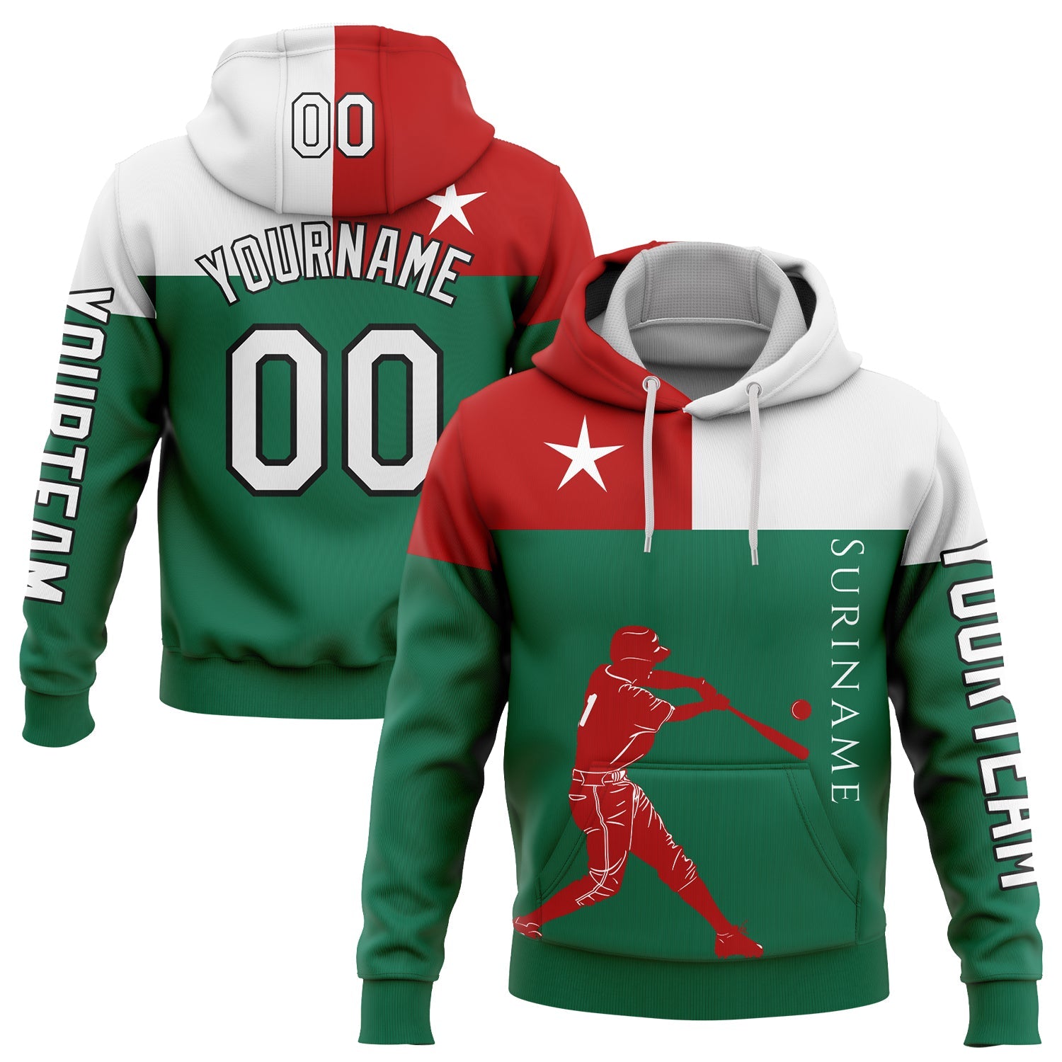 Custom Kelly Green Red-Black 3D Suriname Surinamese Flag Sports Pullover Sweatshirt Hoodie - Main View