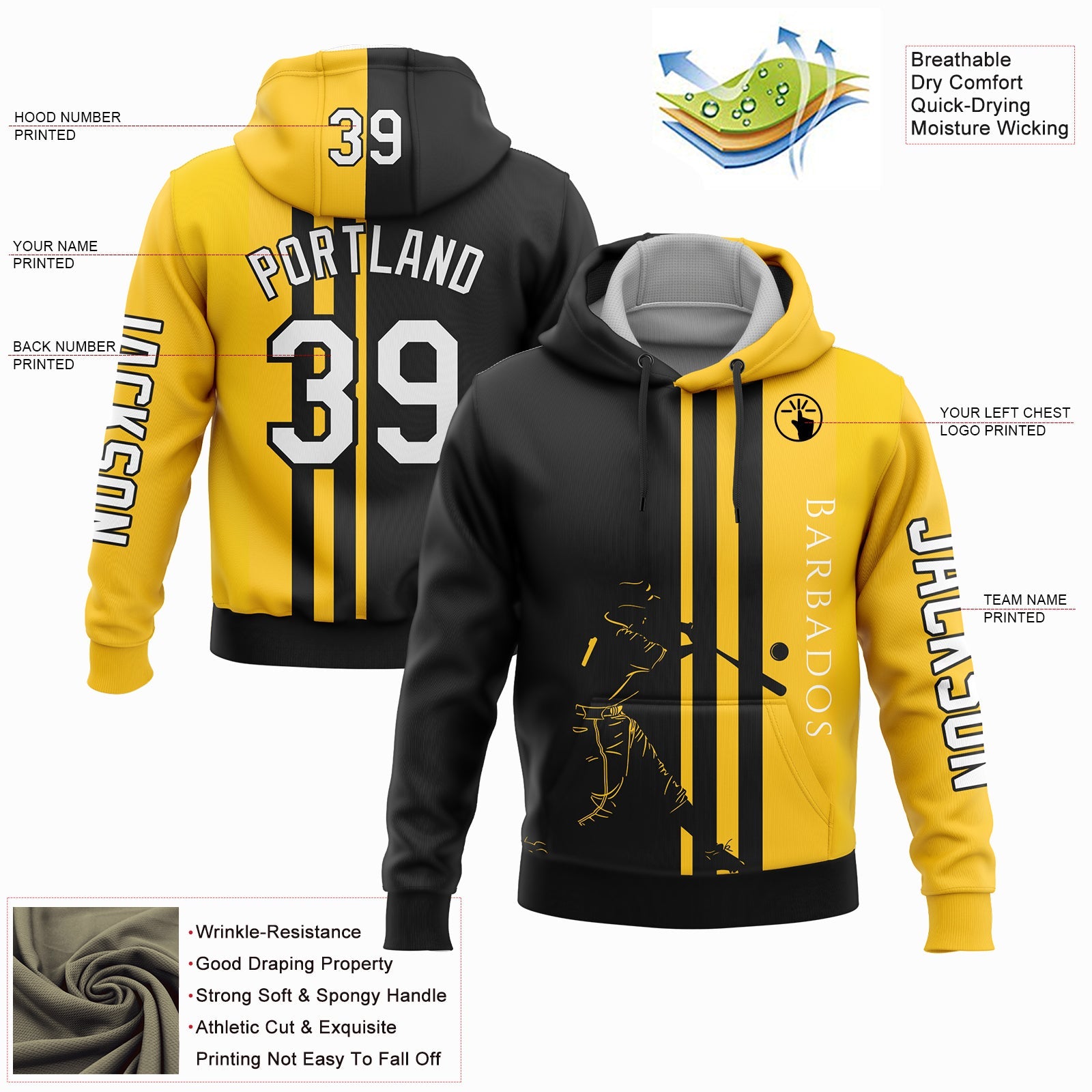 Custom Gold White-Black 3D Barbados Barbadian Flag Sports Pullover Sweatshirt Hoodie view 2
