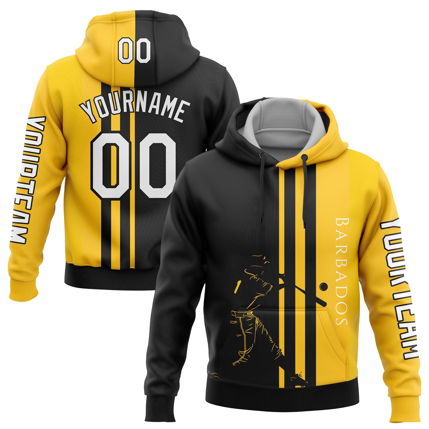 Custom Gold White-Black 3D Barbados Barbadian Flag Sports Pullover Sweatshirt Hoodie - Main View