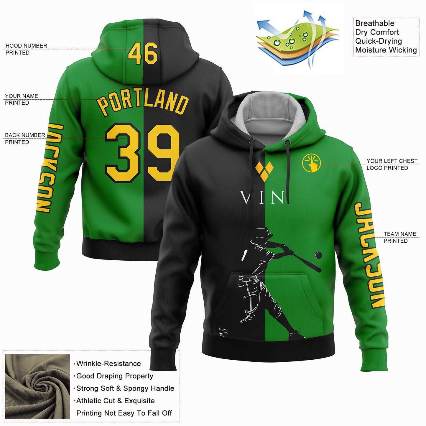 Custom Grass Green Gold-Black 3D Saint Vincent And The Grenadines Flag Sports Pullover Sweatshirt Hoodie view 2