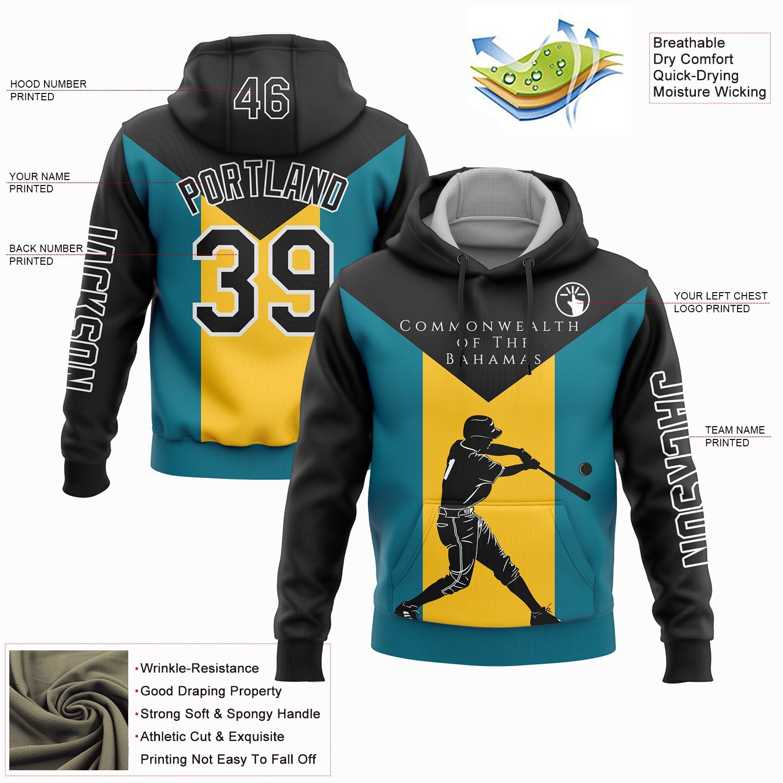 Custom Black Teal-Gold 3D Bahamas Bahamian Flag Sports Pullover Sweatshirt Hoodie view 2